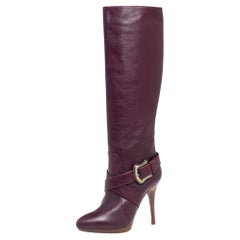 Fendi Burgundy Leather B Buckle Knee Length Boots Size 40