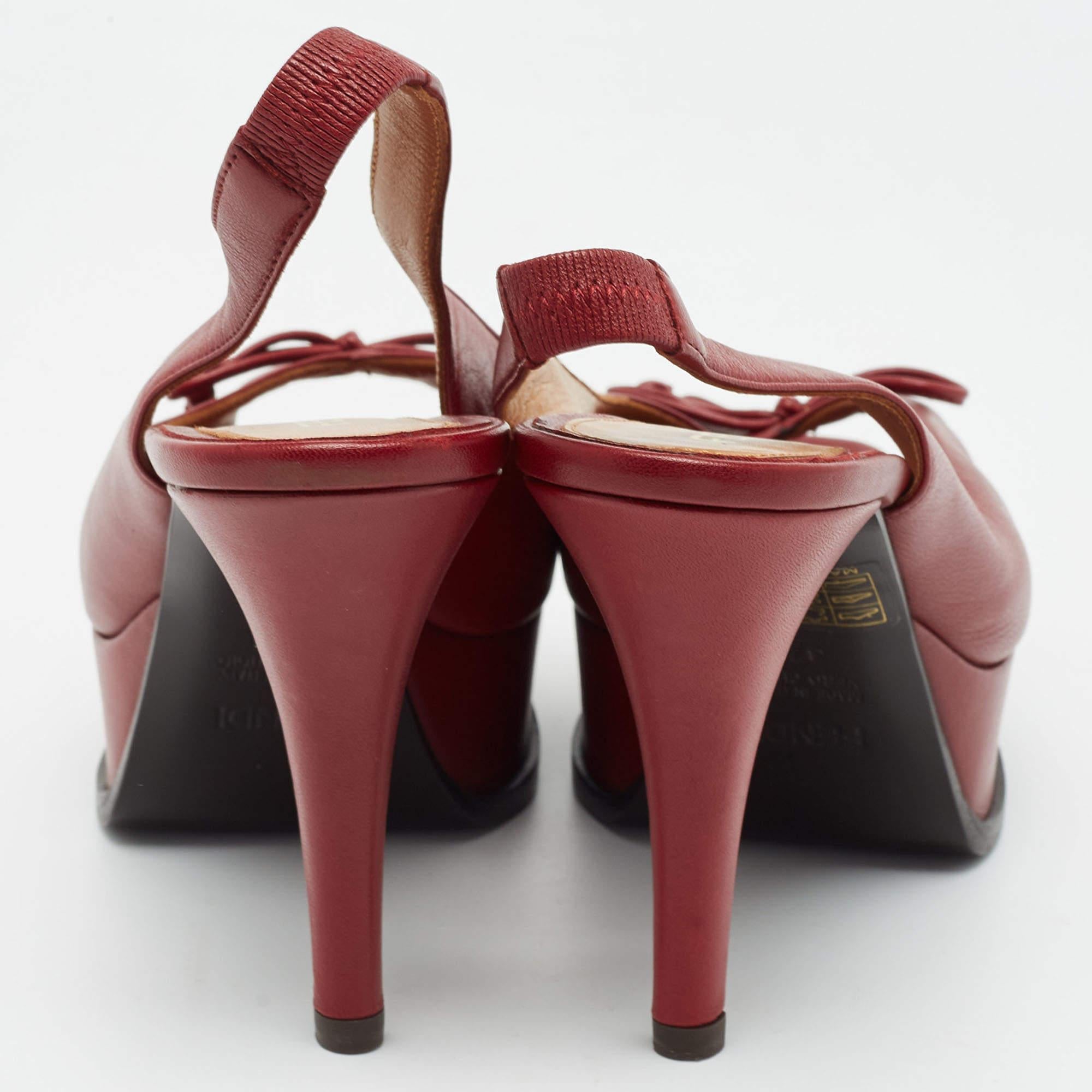 Fendi Burgundy Leather Bow Fendista Slingback Pumps Size 37.5 For Sale 4
