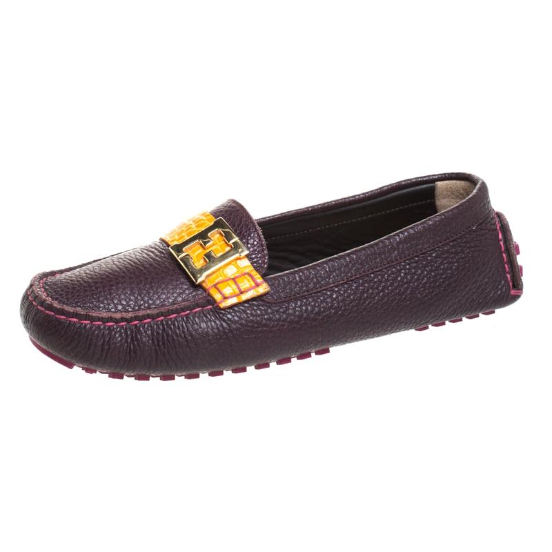 Fendi Burgundy Leather FF Logo Loafers Size 38.5