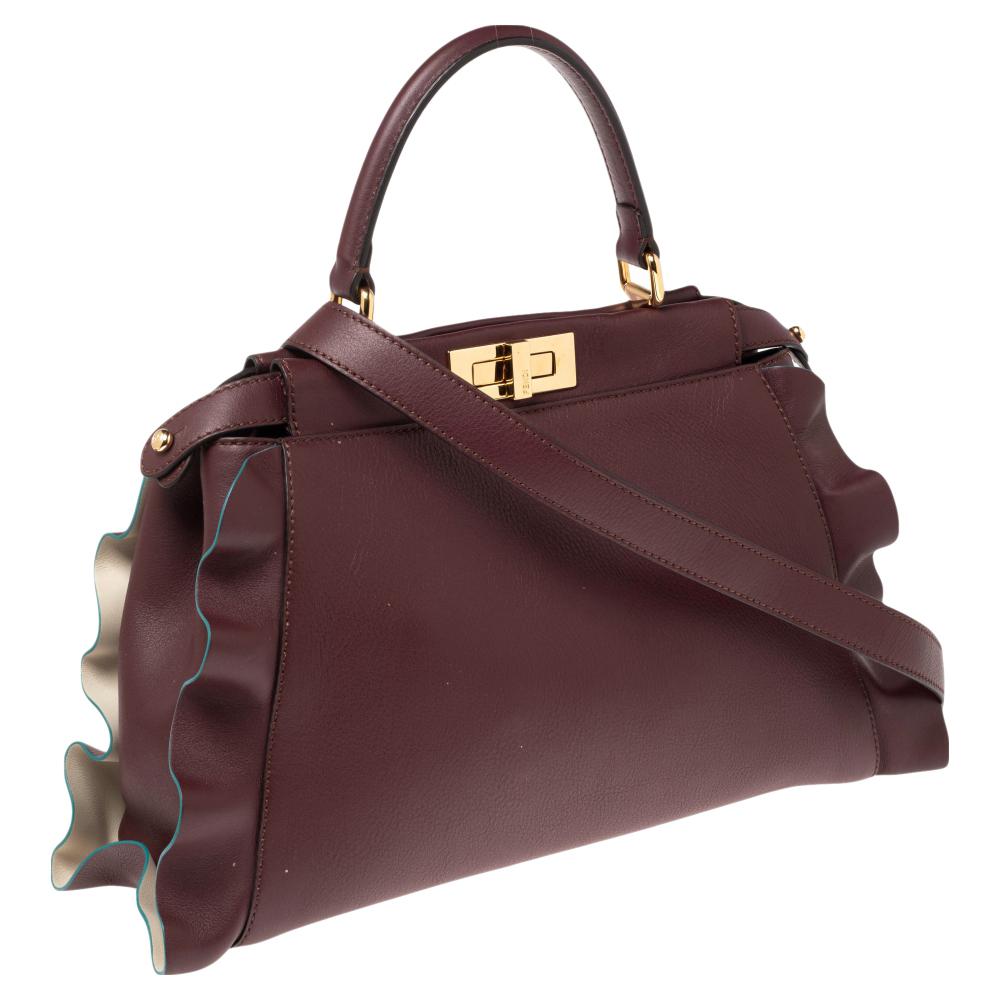 Fendi Burgundy Leather Medium Peekaboo Ruffle Top Handle Bag 2