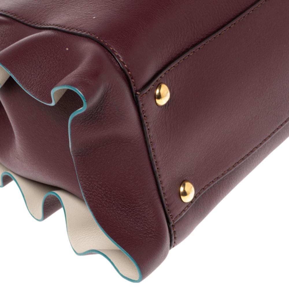 Black Fendi Burgundy Leather Medium Peekaboo Ruffle Top Handle Bag