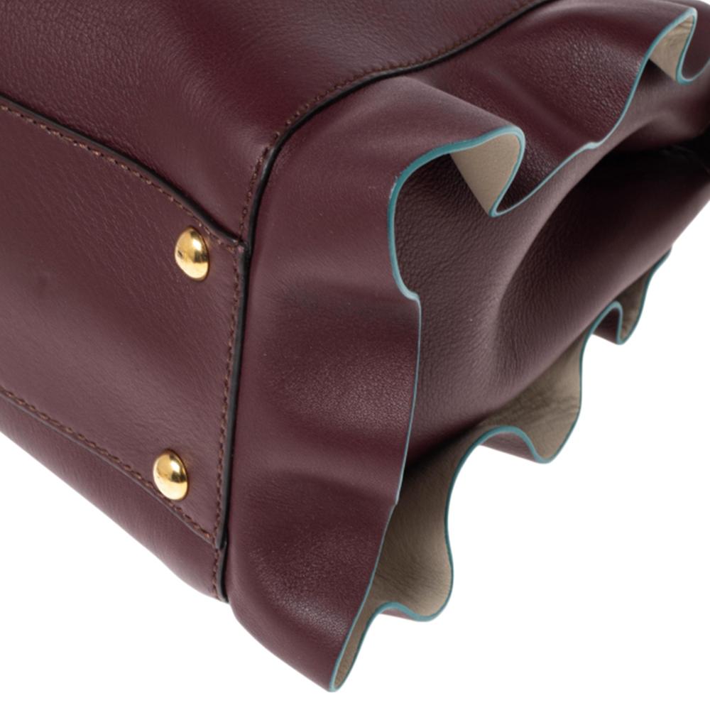 Fendi Burgundy Leather Medium Peekaboo Ruffle Top Handle Bag In Excellent Condition In Dubai, Al Qouz 2