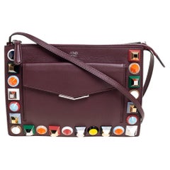 Fendi Burgundy Leather Multicolor Studded Crossbody Bag