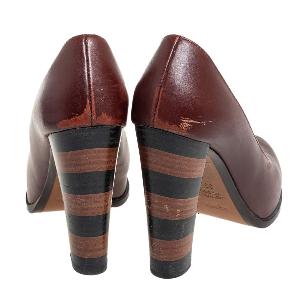 Women's Fendi Burgundy Leather Pequin Block Heel Pumps Size 35