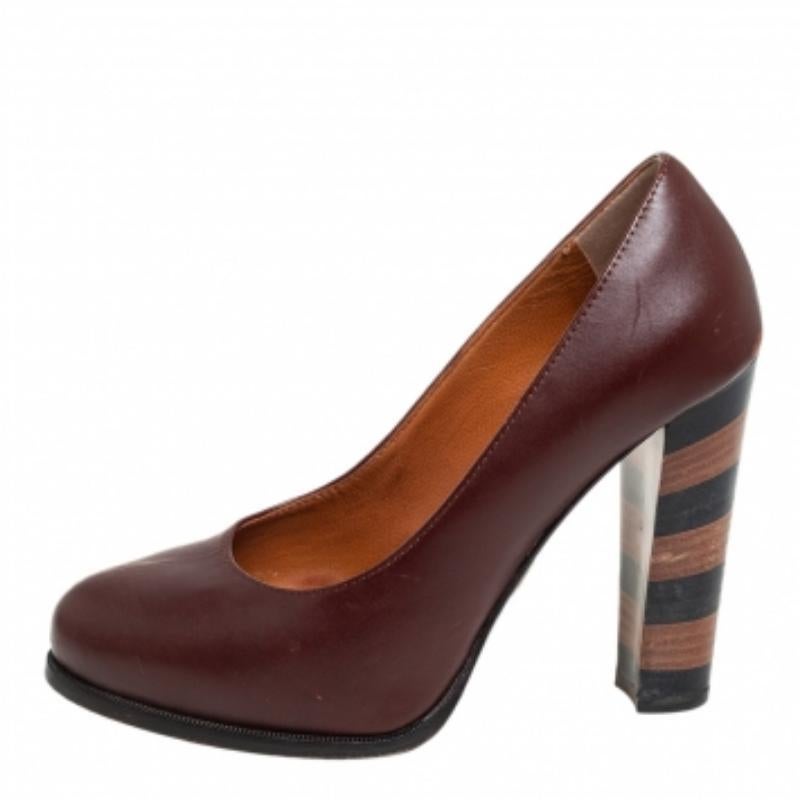 Women's Fendi Burgundy Leather Pequin Block Heel Pumps Size 35 For Sale