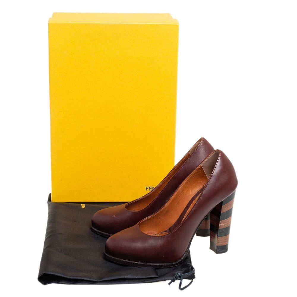 Fendi Burgundy Leather Pequin Block Heel Pumps Size 35 3