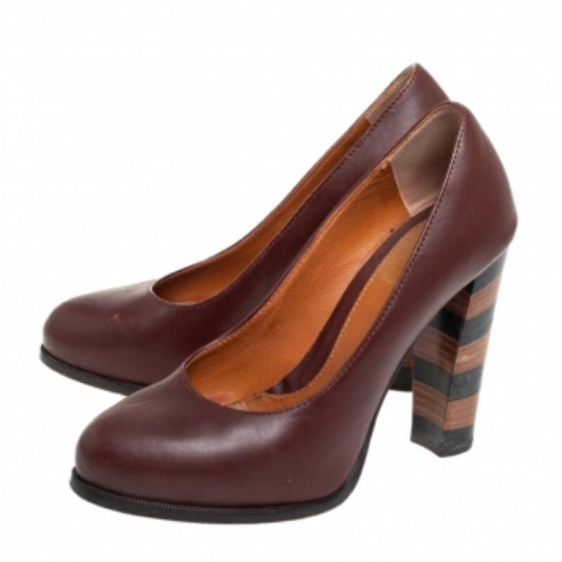 Fendi Burgundy Leather Pequin Block Heel Pumps Size 35 For Sale 3