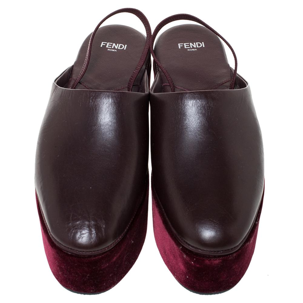 Fendi Burgundy Leder Plateau Slingback Pantoletten Sandalen Größe 38 (Schwarz)