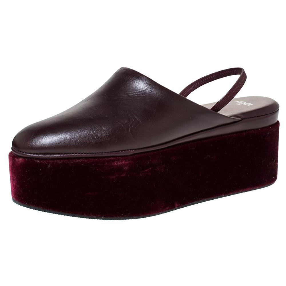 Fendi Burgundy Leder Plateau Slingback Pantoletten Sandalen Größe 38