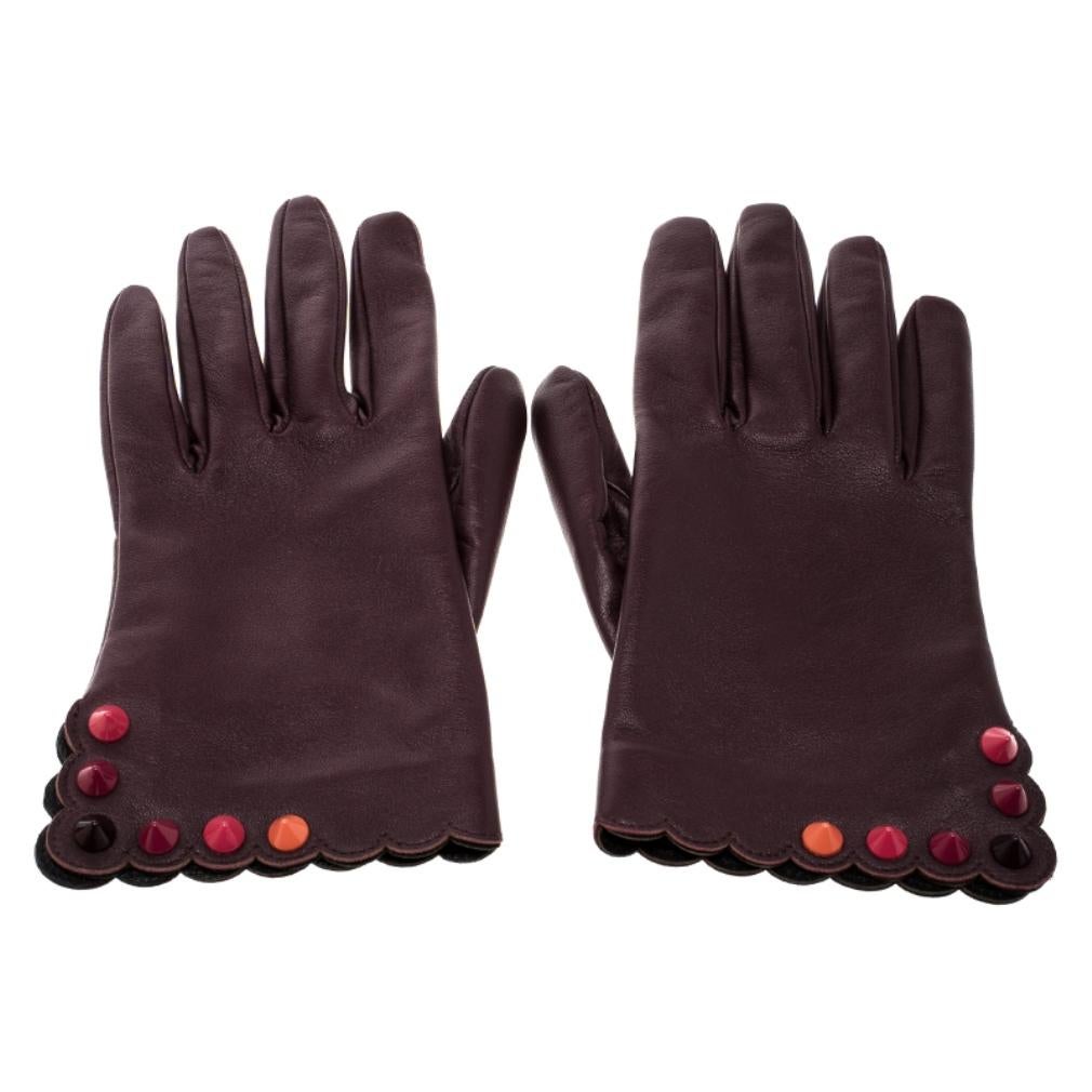 Black Fendi Burgundy Leather Studded Gloves Size M