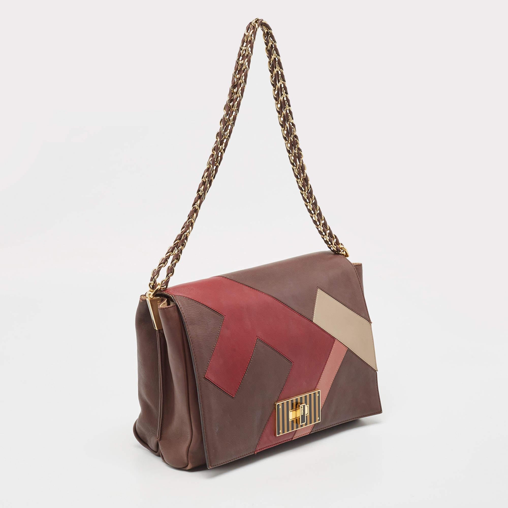 Brown Fendi Burgundy/Multicolor Leather Large Claudia Shoulder Bag