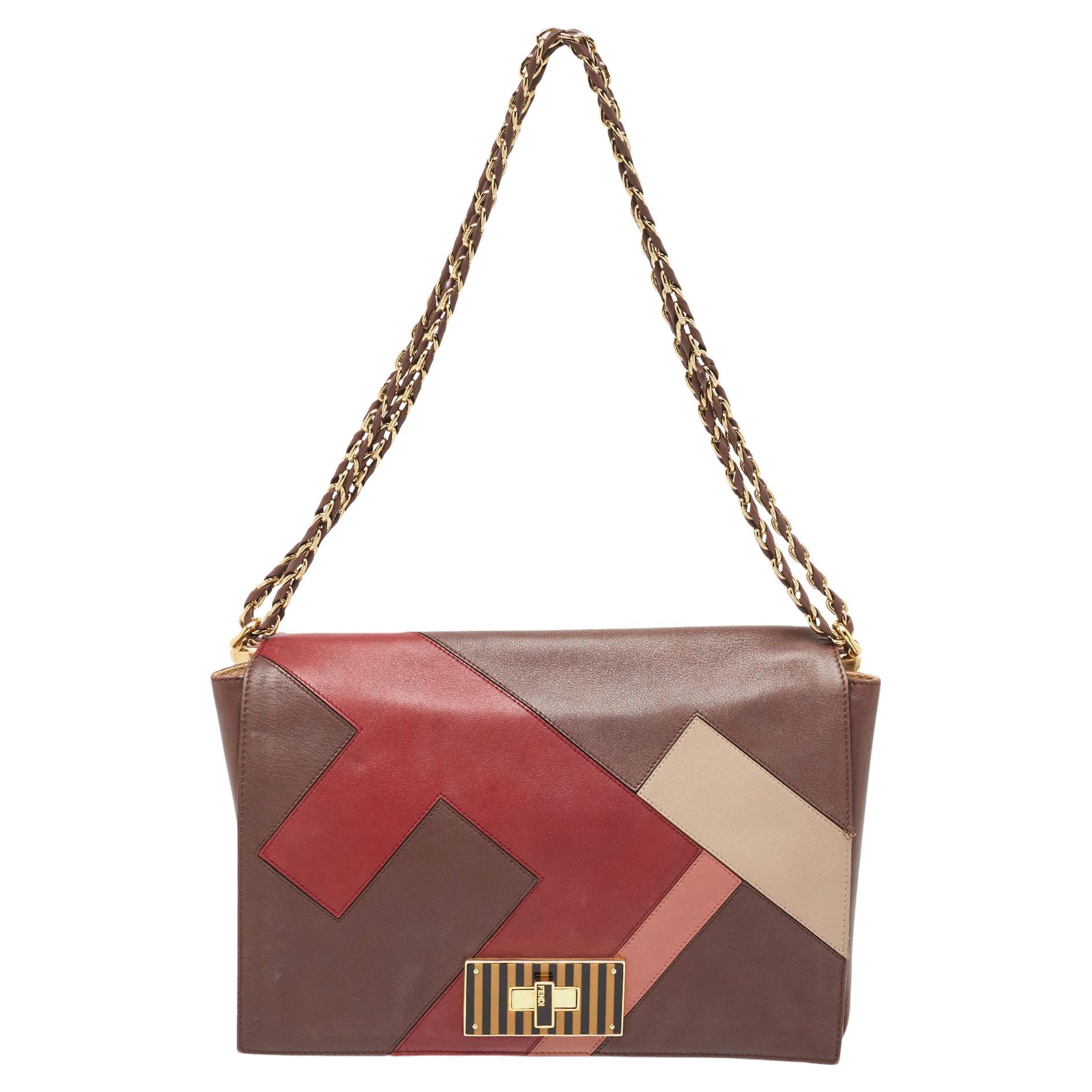 Fendi Burgundy/Multicolor Leather Large Claudia Shoulder Bag For Sale