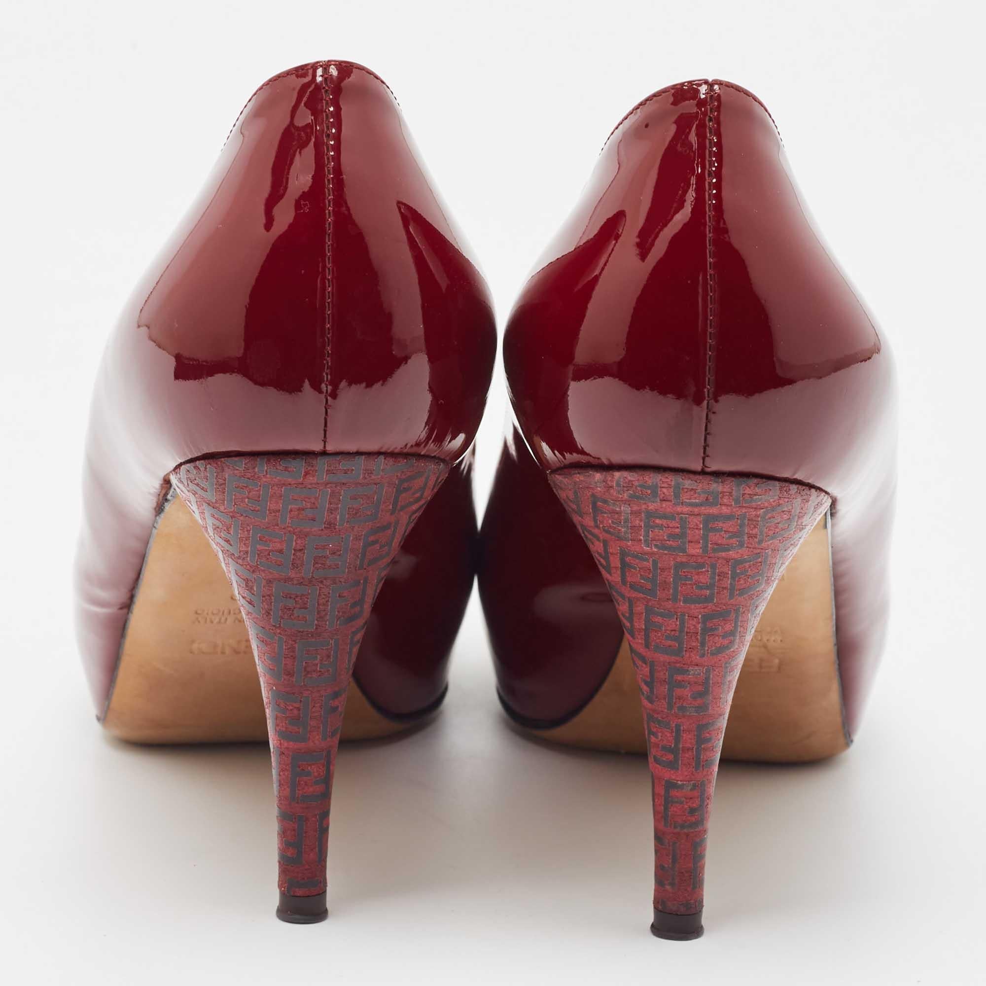 Women's Fendi Burgundy Patent Leather FF Heel Round Toe Pumps Size 39