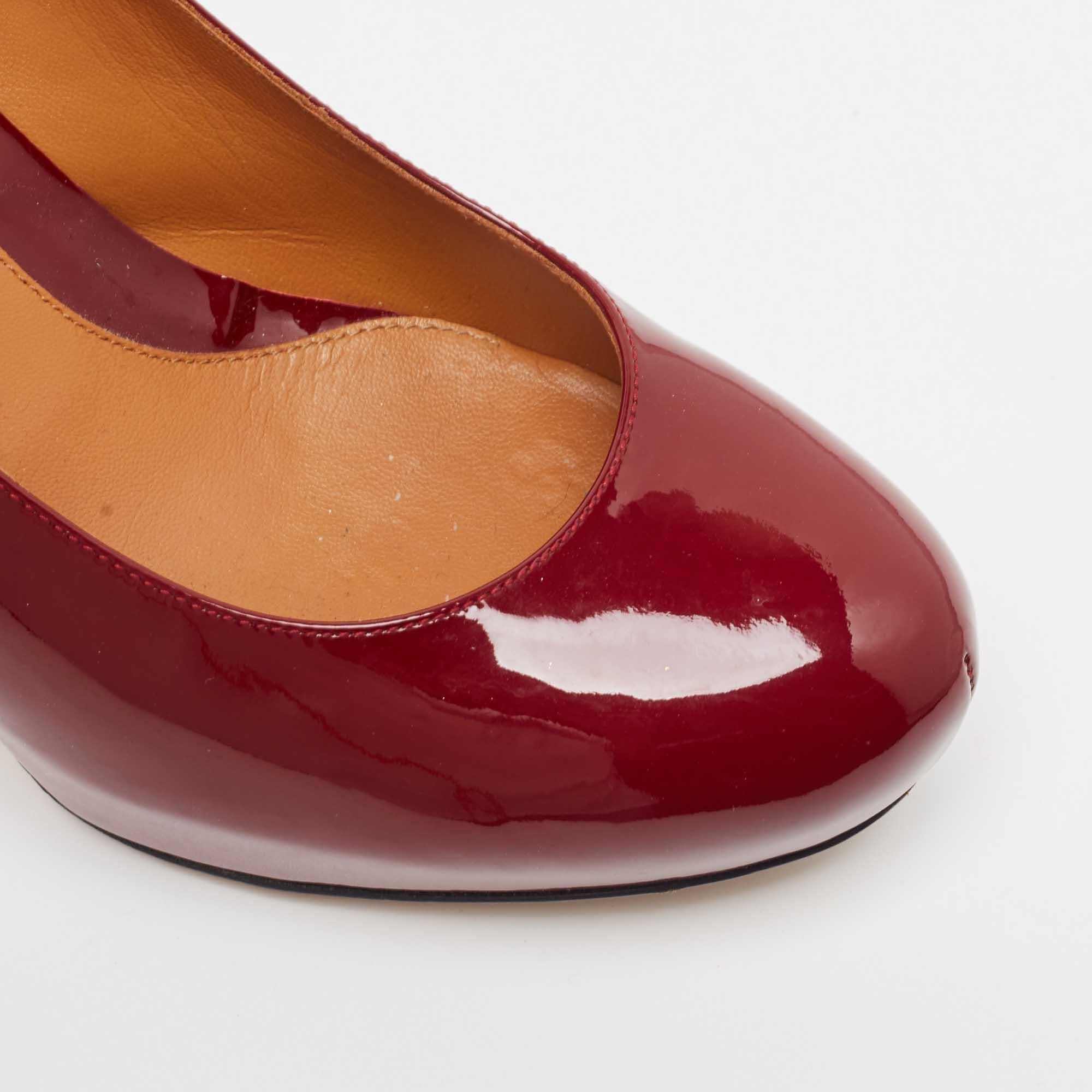 Fendi Burgundy Patent Leather FF Heel Round Toe Pumps Size 39 2