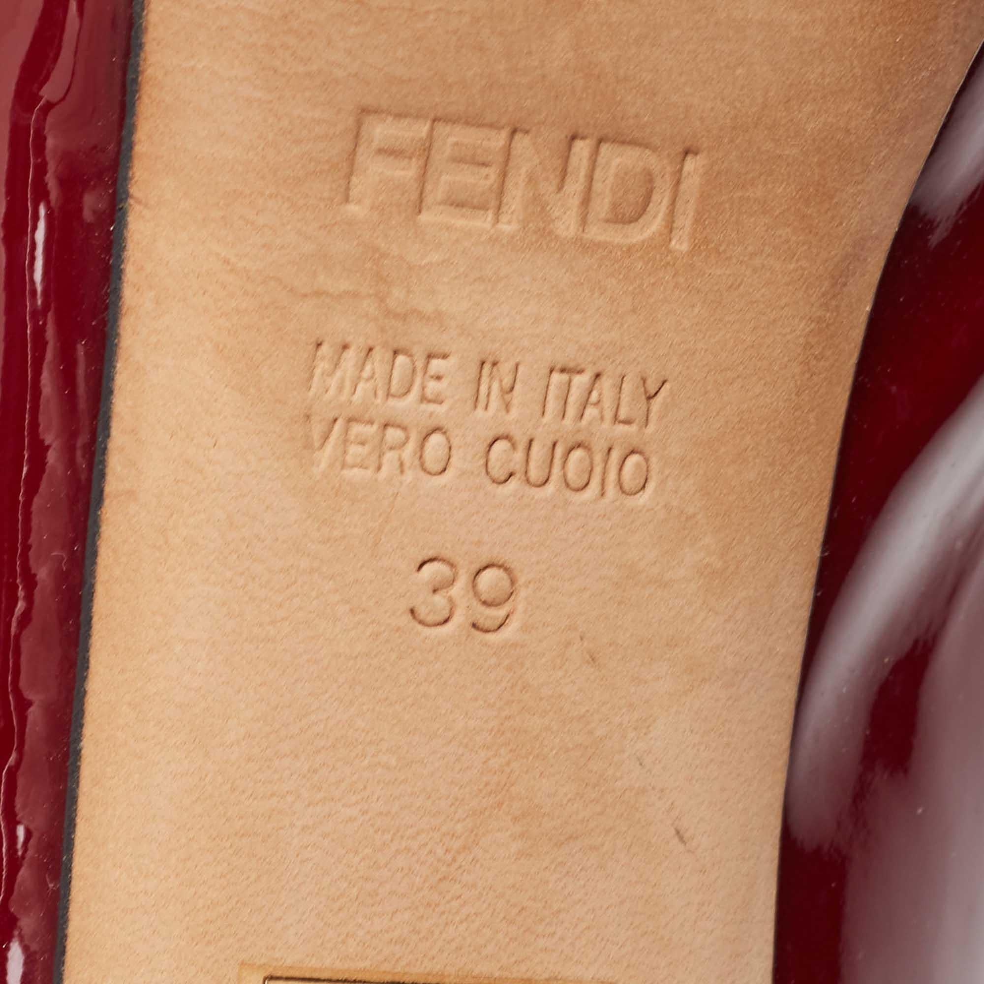 Fendi Burgundy Patent Leather FF Heel Round Toe Pumps Size 39 3