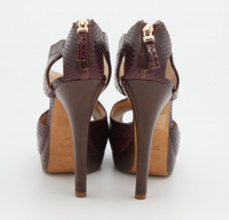 Fendi Burgundy Python Embossed Leather Strappy Peep Toe Platform Sandals Size 40 For Sale 1