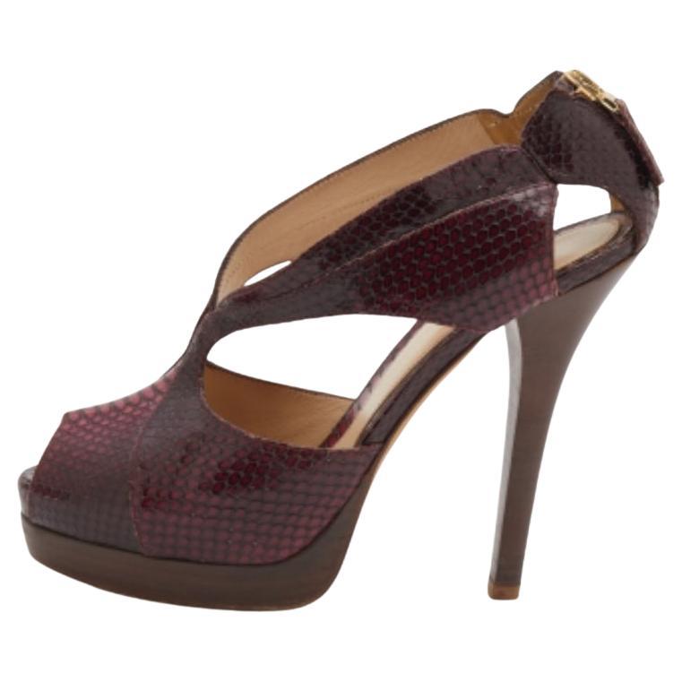 Fendi Burgundy Python Embossed Leather Strappy Peep Toe Platform Sandals Size 40
