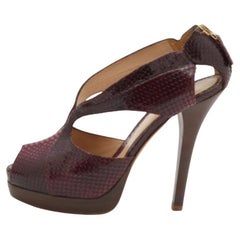 Fendi Burgundy Python Embossed Leather Strappy Peep Toe Platform Sandals Size 40