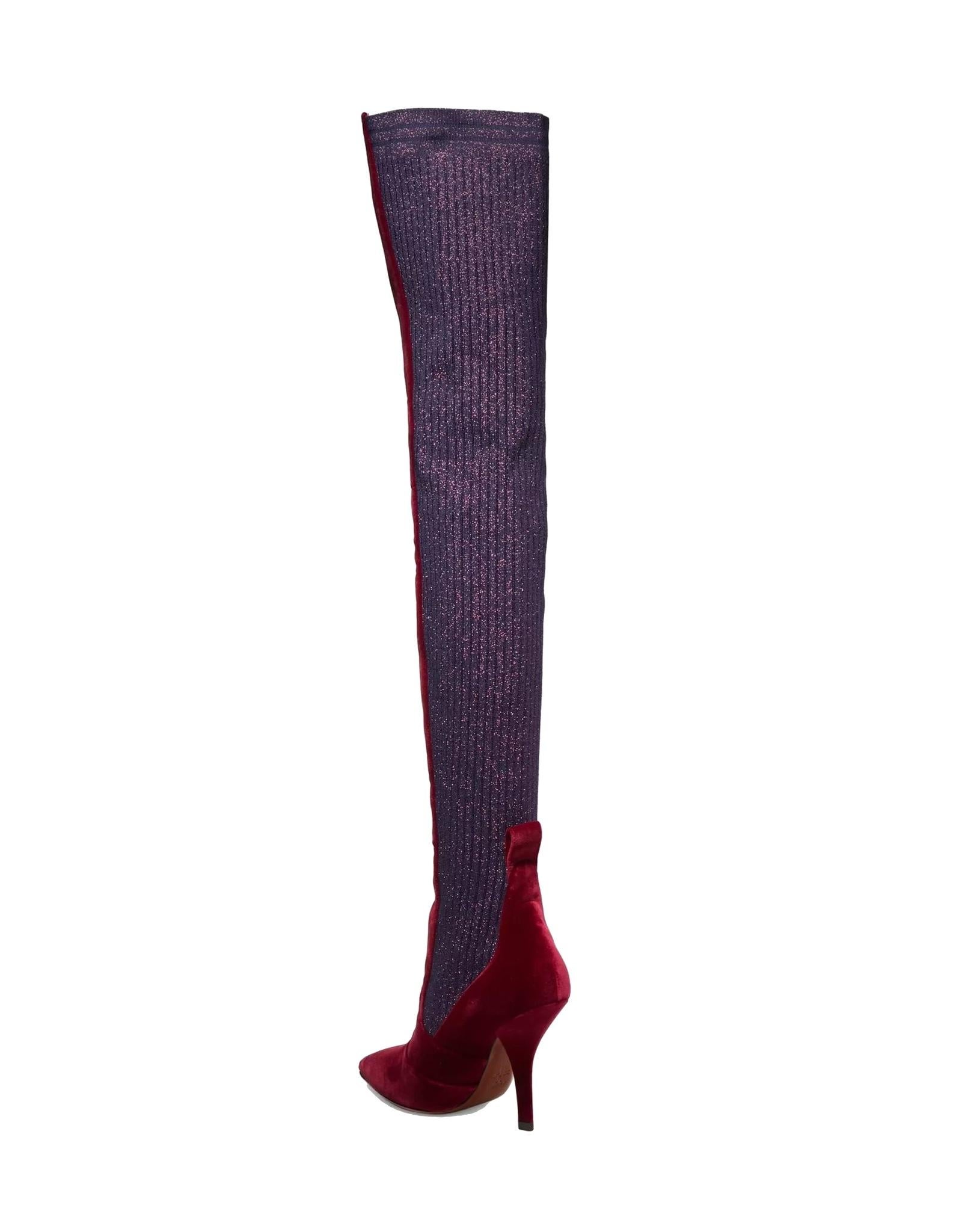 Debuted on the Paris runway, this pair is cut from burgundy velvet and flexible ribbed-knit coming in a metallic navy blue color that's flecked with glittered threads.

COLOR: Burgundy / Metallic navy blue
MATERIAL: Velvet
SIZE: 36 EU / 5 US
HEEL