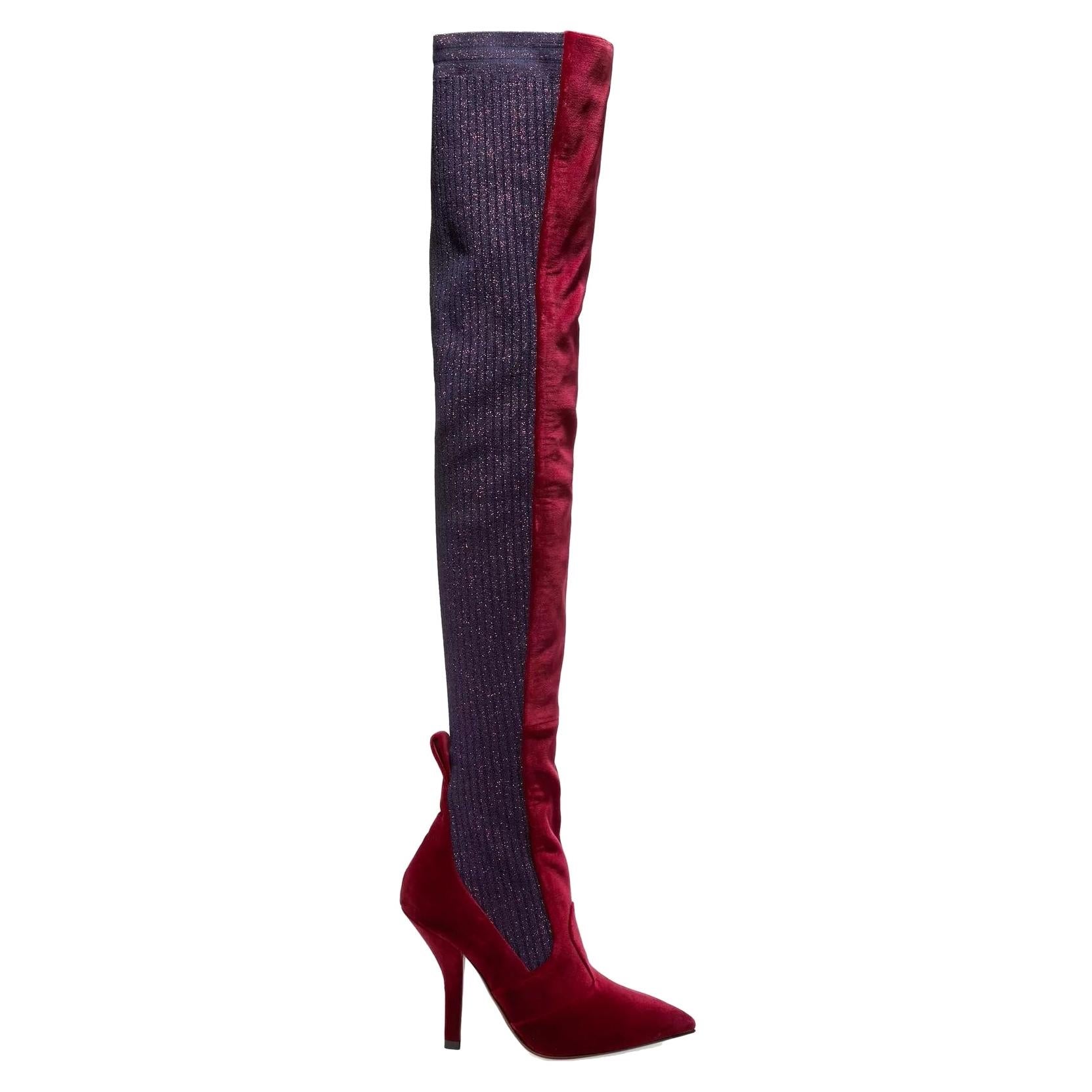 Fendi Burgundy Rockoko Velvet and Metallic Ribbed-Knit Thigh Boots (36 EU)