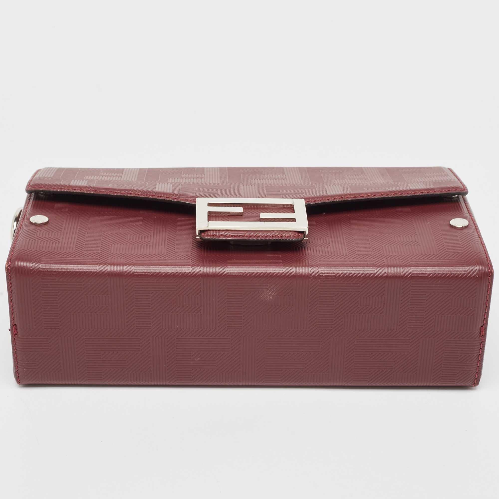 Fendi Burgundy Shadow Leather Soft Trunk Baguette Bag For Sale 4