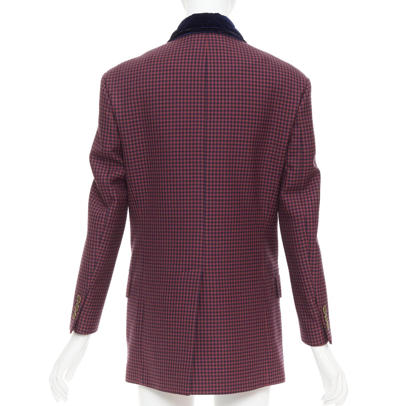 Women's FENDI burgundy virgin wool checkered velvet collar double breast blazer IT34 XS For Sale