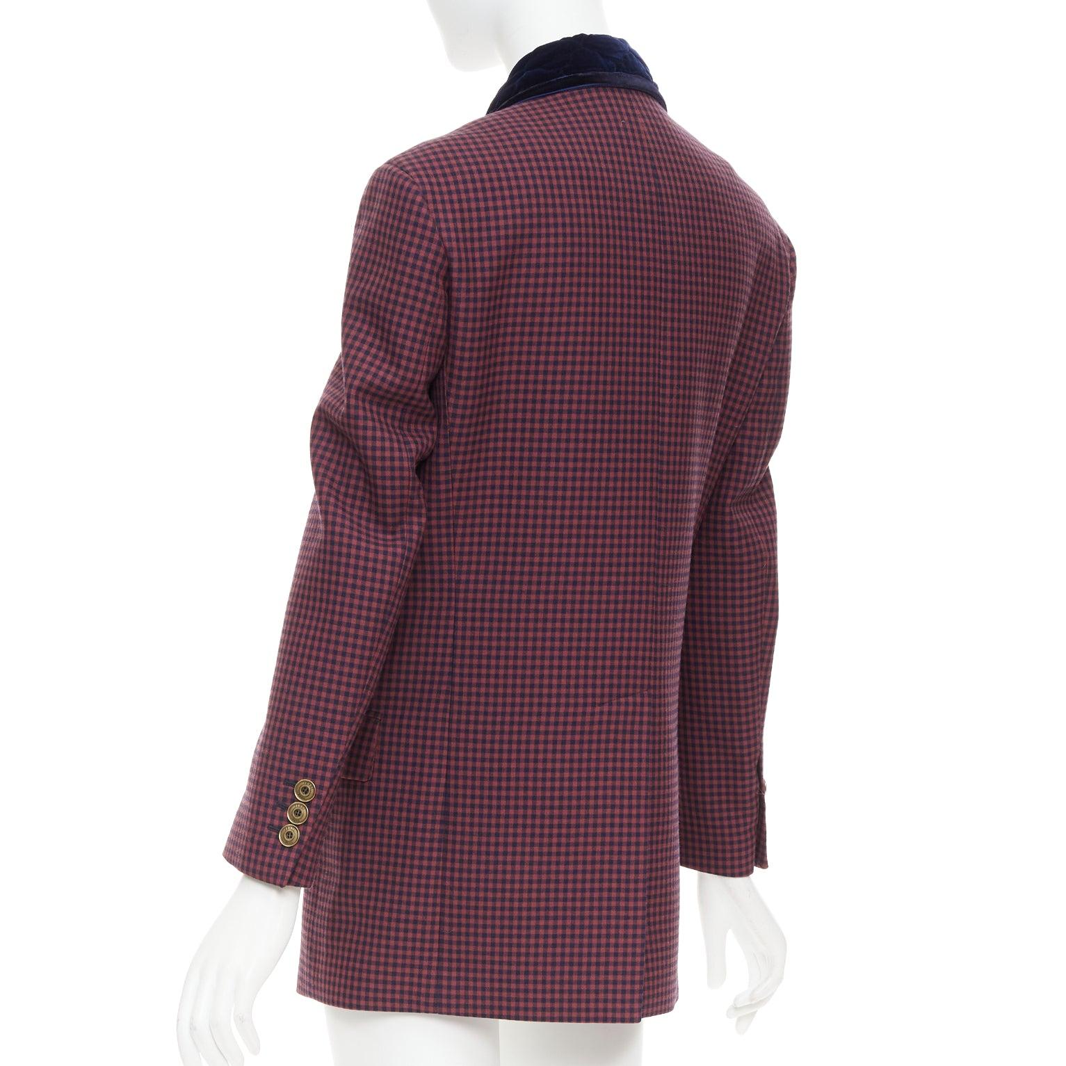 FENDI burgundy virgin wool checkered velvet collar double breast blazer IT34 XS For Sale 1
