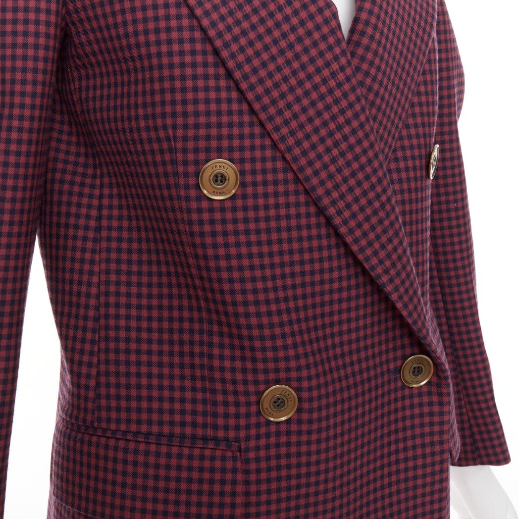 FENDI burgundy virgin wool checkered velvet collar double breast blazer IT34 XS For Sale 2