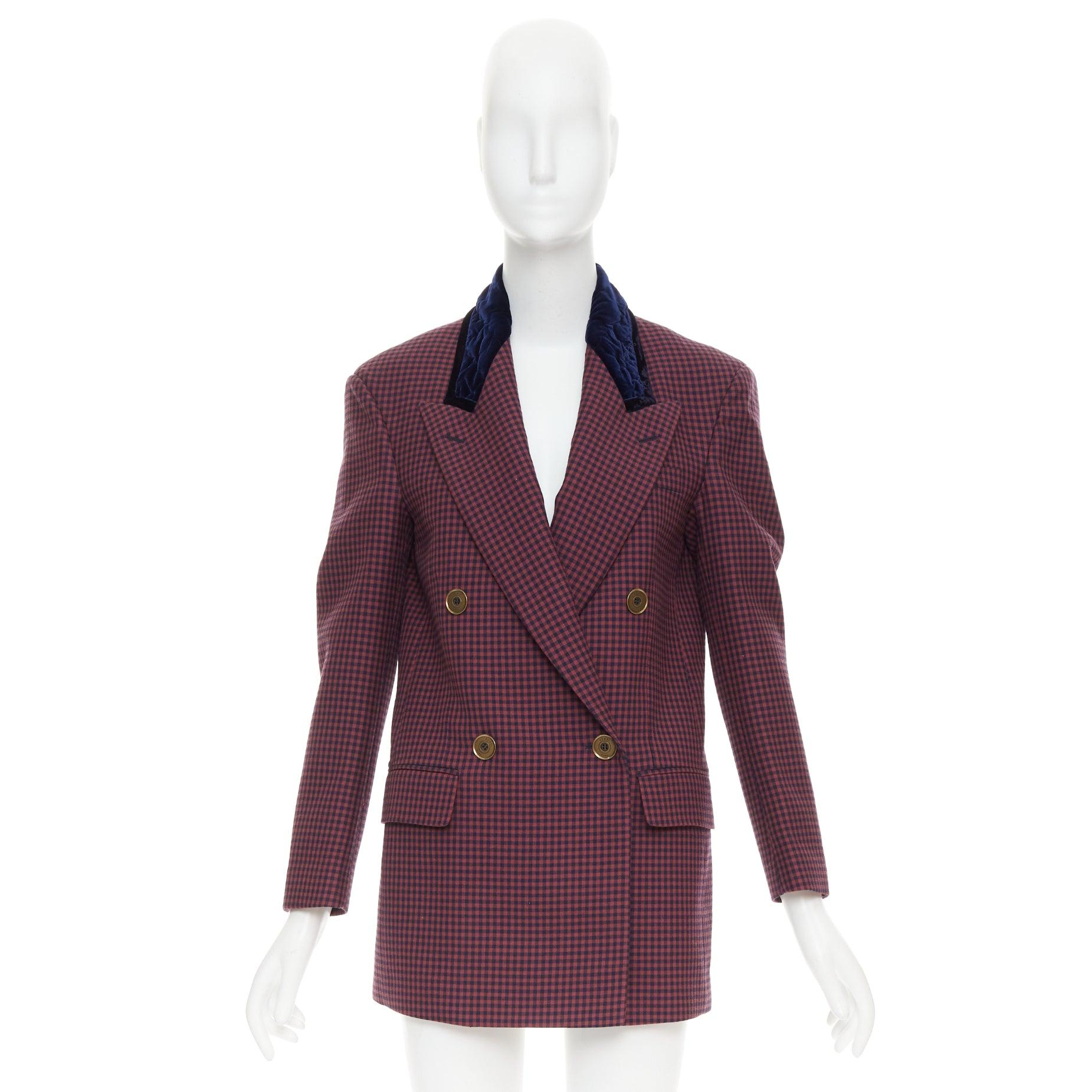 FENDI burgundy virgin wool checkered velvet collar double breast blazer IT34 XS For Sale 4