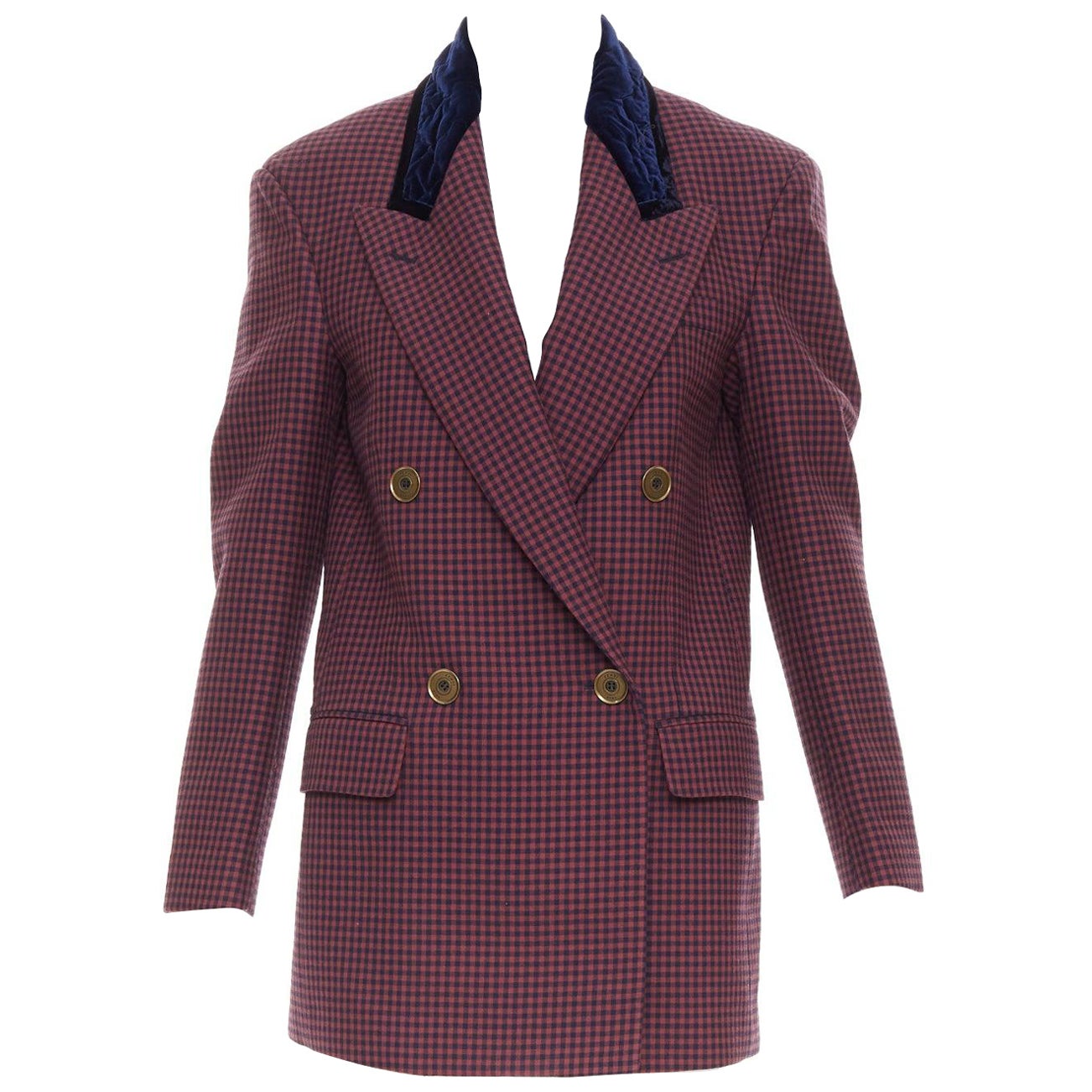 FENDI burgundy virgin wool checkered velvet collar double breast blazer IT34 XS For Sale