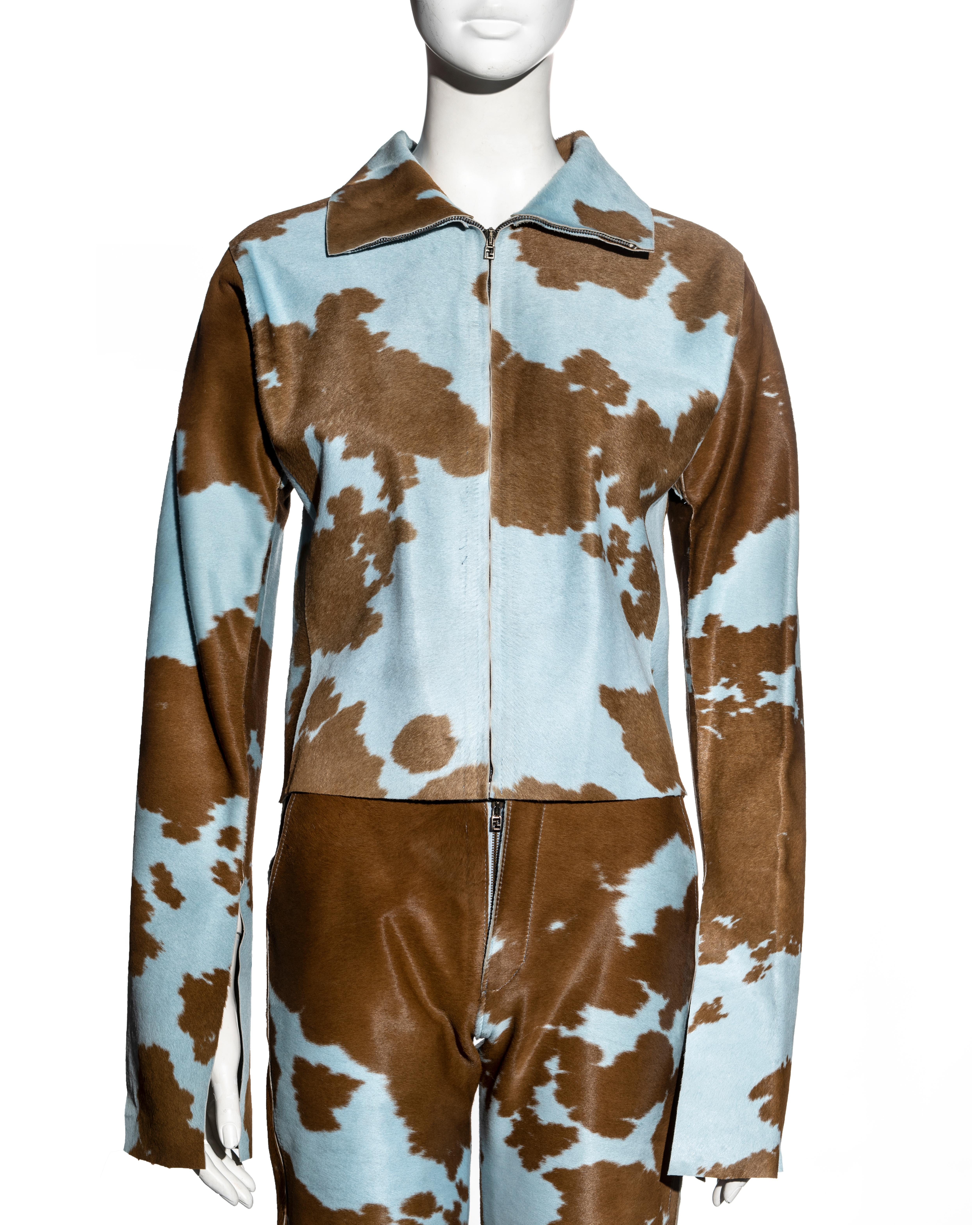 Marron Ensemble veste et pantalon en cuir de vachette bleu et marron Fendi par Karl Lagerfeld, A/H 1999 en vente