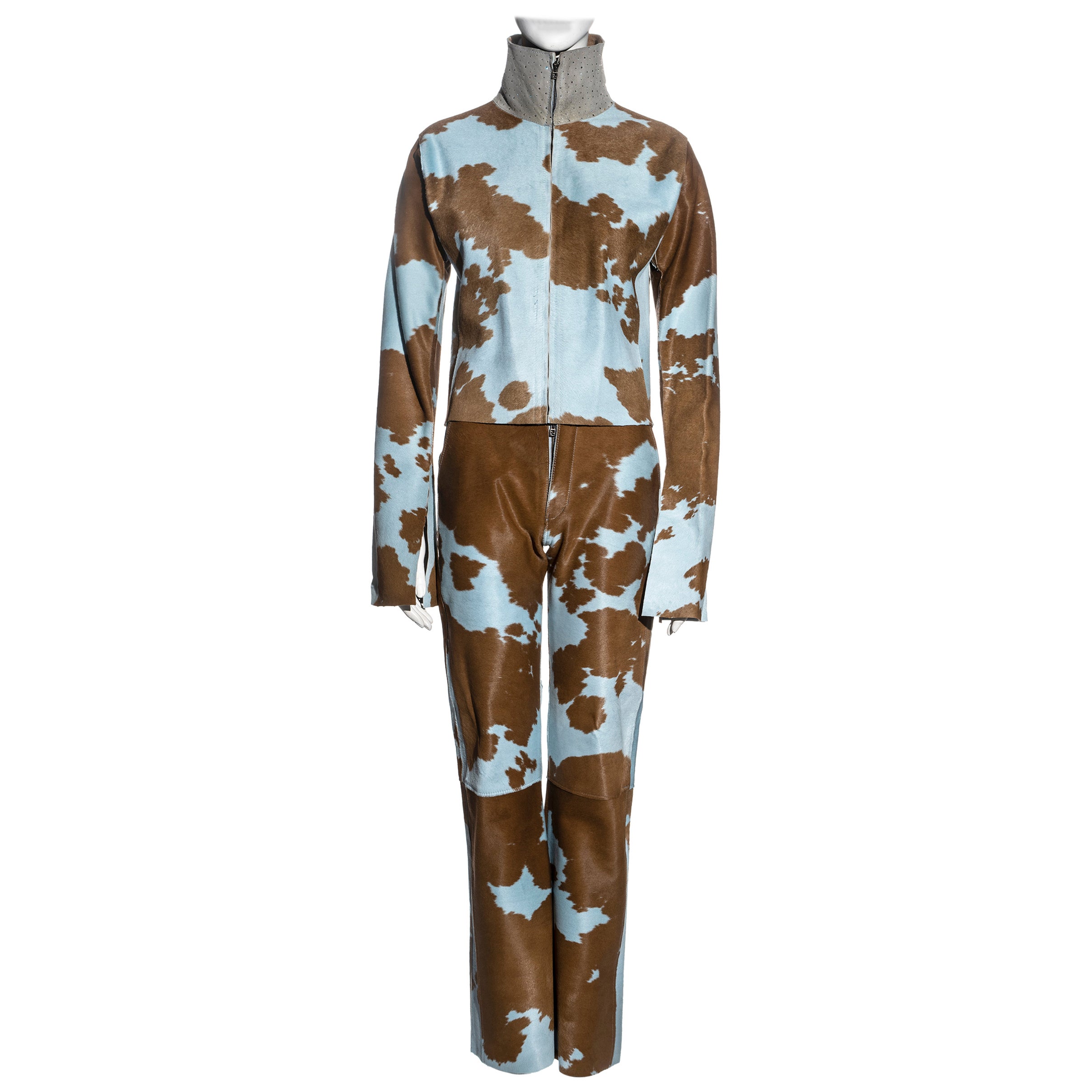 Fendi by Karl Lagerfeld Set aus Jacke und Hose aus blauem und braunem Rindsleder, fw 1999