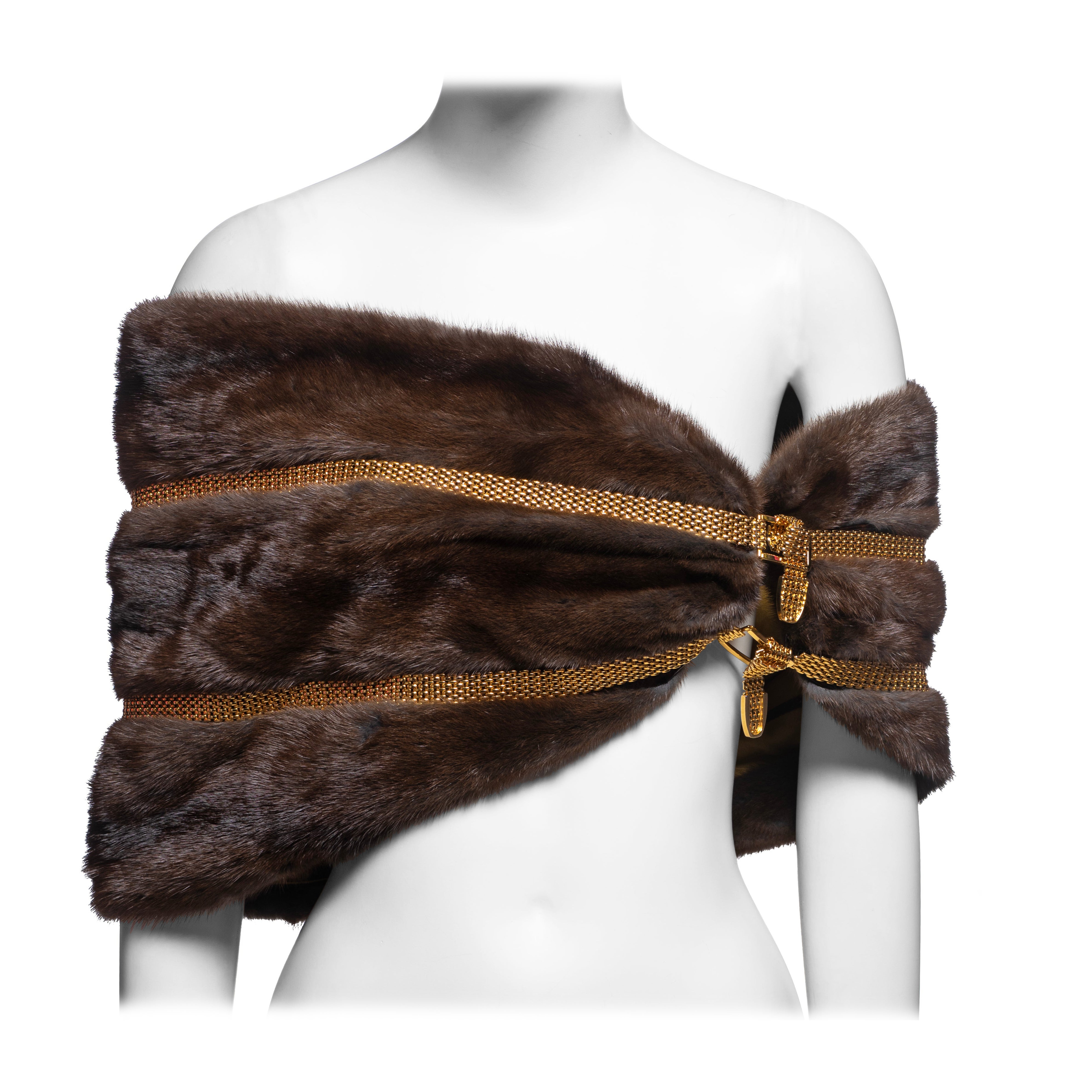 Fendi by Karl Lagerfeld Brown Mink Fur and Gold Chain Link Bolero, FW 2000