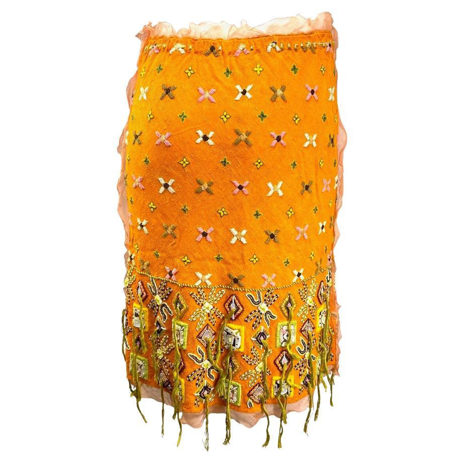 Women's Fendi by Karl Lagerfeld Embroidered Beaded Orange Chiffon Skirt For Sale