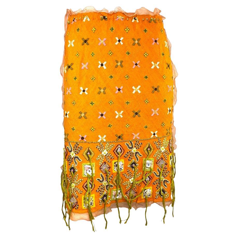 Fendi by Karl Lagerfeld Embroidered Beaded Orange Chiffon Skirt For Sale