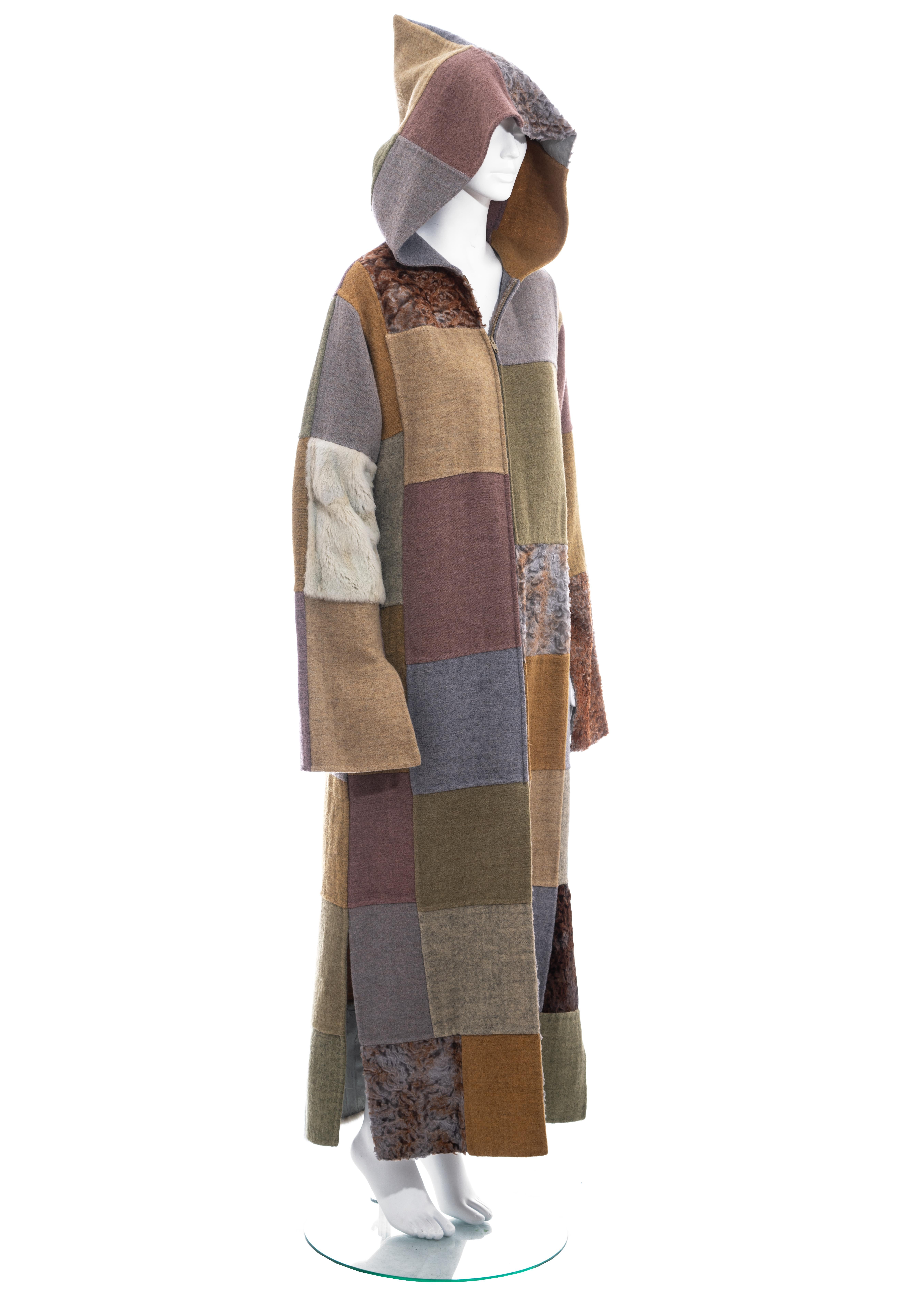 ▪ Fendi multicoloured patchwork maxi coat
▪ Designed by Karl Lagerfeld 
▪ 70% Wool, 20% Alpaca, 10% Nylon
▪ Shearling
▪ Rabbit fur 
▪ Pointed hood 
▪ Doubled ended zip
▪ Slits on cuffs and sides 
▪ Two side pockets 
▪ IT 44 - FR 40 - UK 12 - US 8
▪
