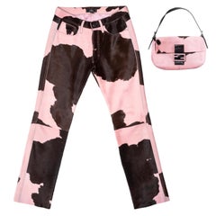 Fendi by Karl Lagerfeld conjunto de pantalón y bolso de piel de vaca rosa y marrón, fw 1999