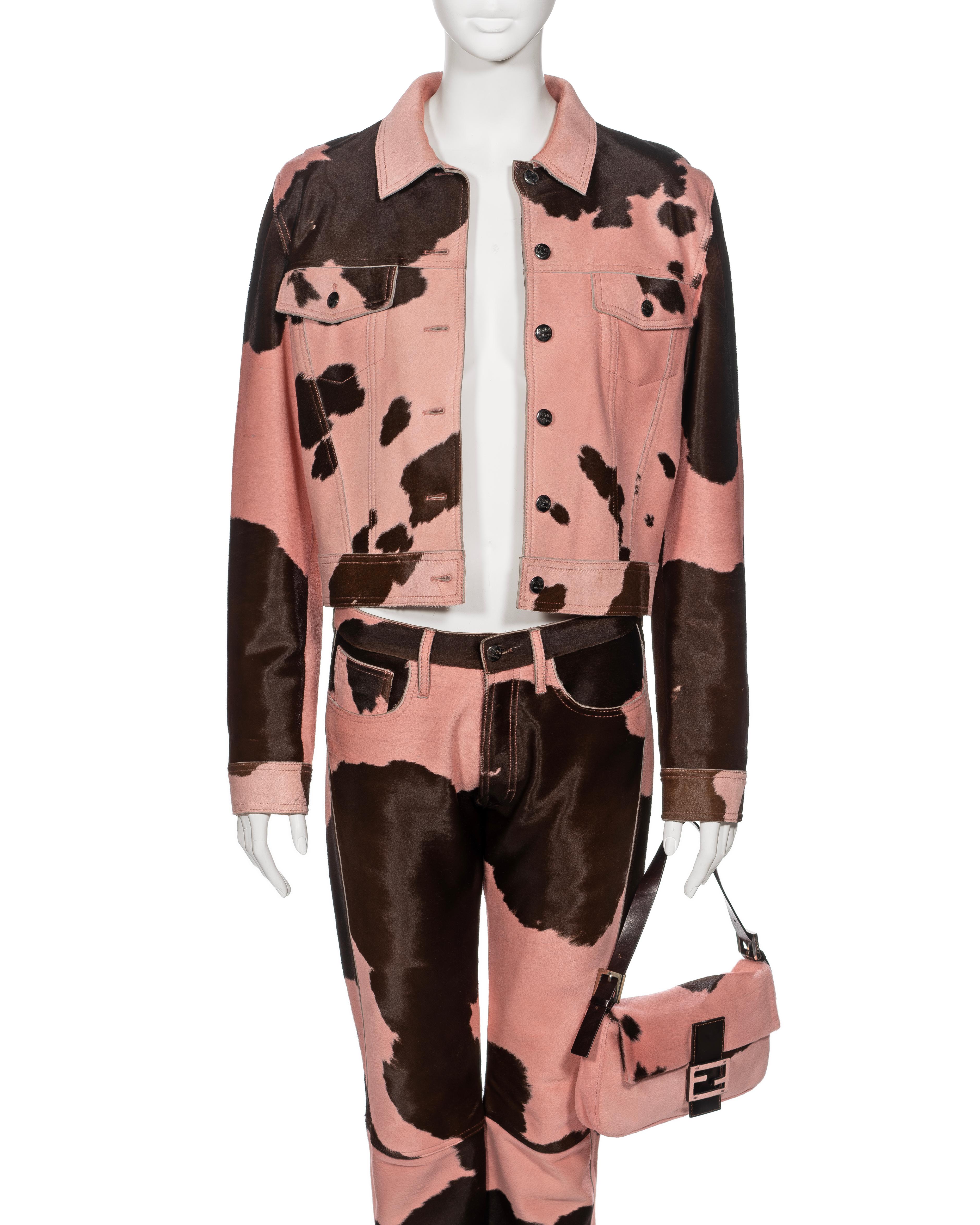 Fendi by Karl Lagerfeld Pink Cowhide Jacket, Pants and Baguette Bag Set, FW 1999 In Good Condition For Sale In London, GB