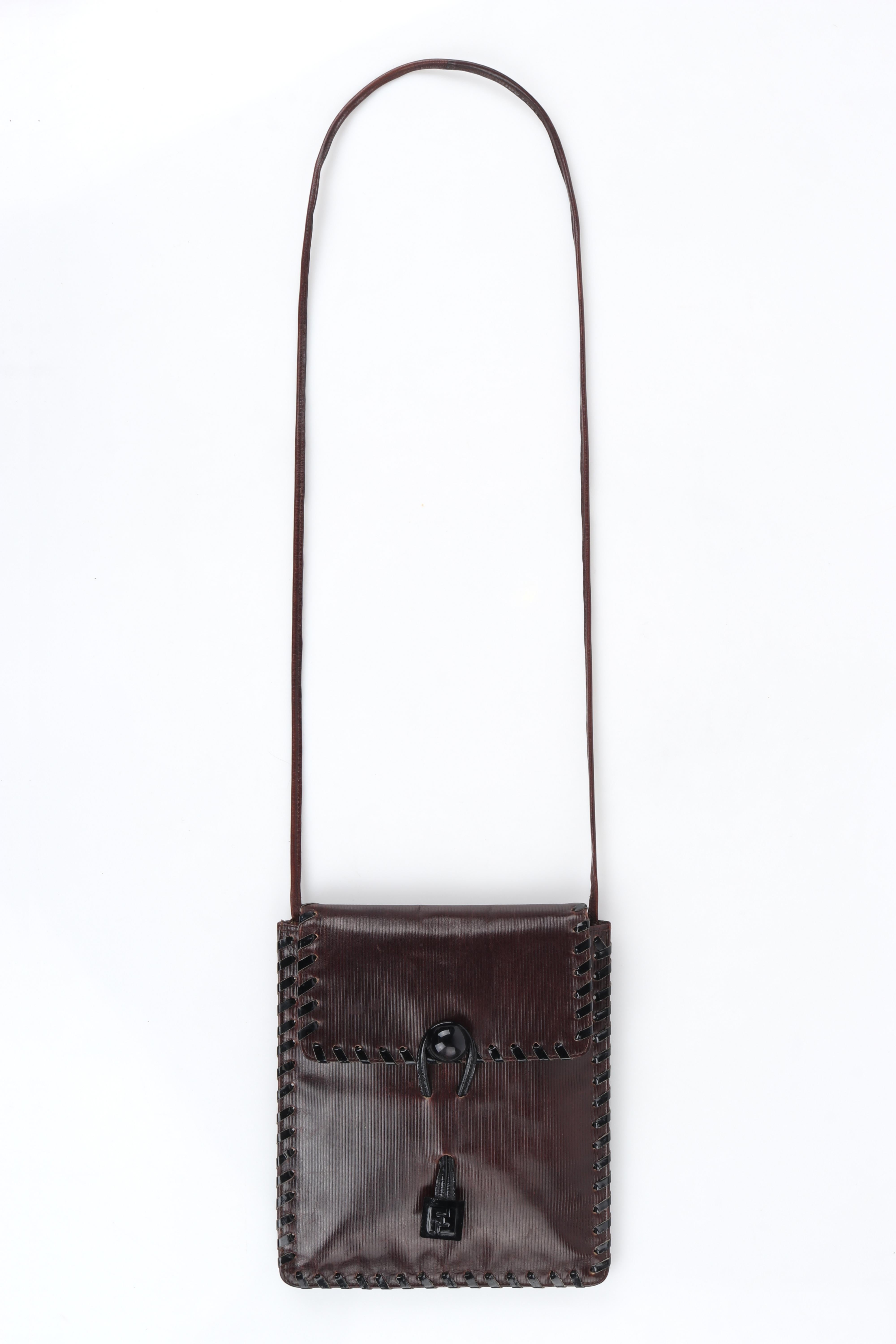 Black Fendi c.1980s Vtg Brown Polished Leather Ball & Loop Lock Shoulder Crossbody Bag For Sale