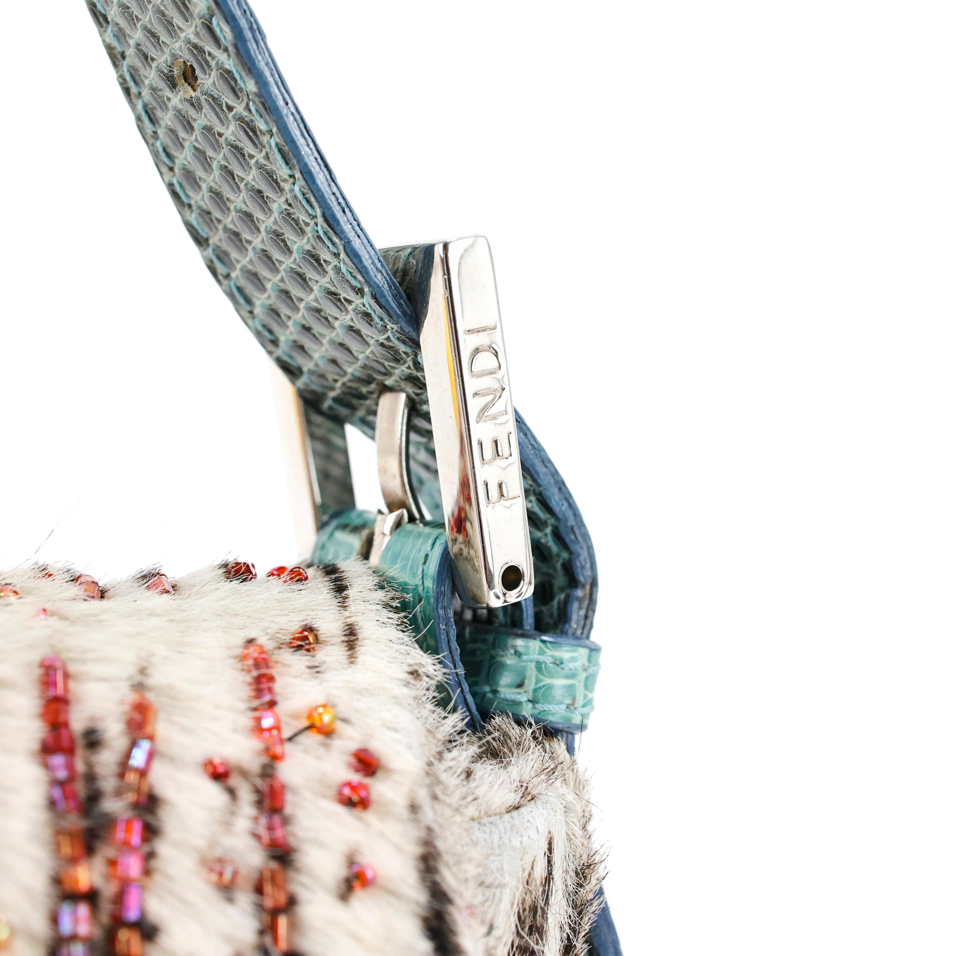 Beige Fendi sac baguette en cuir de veau et lézard perlé imprimé zébré