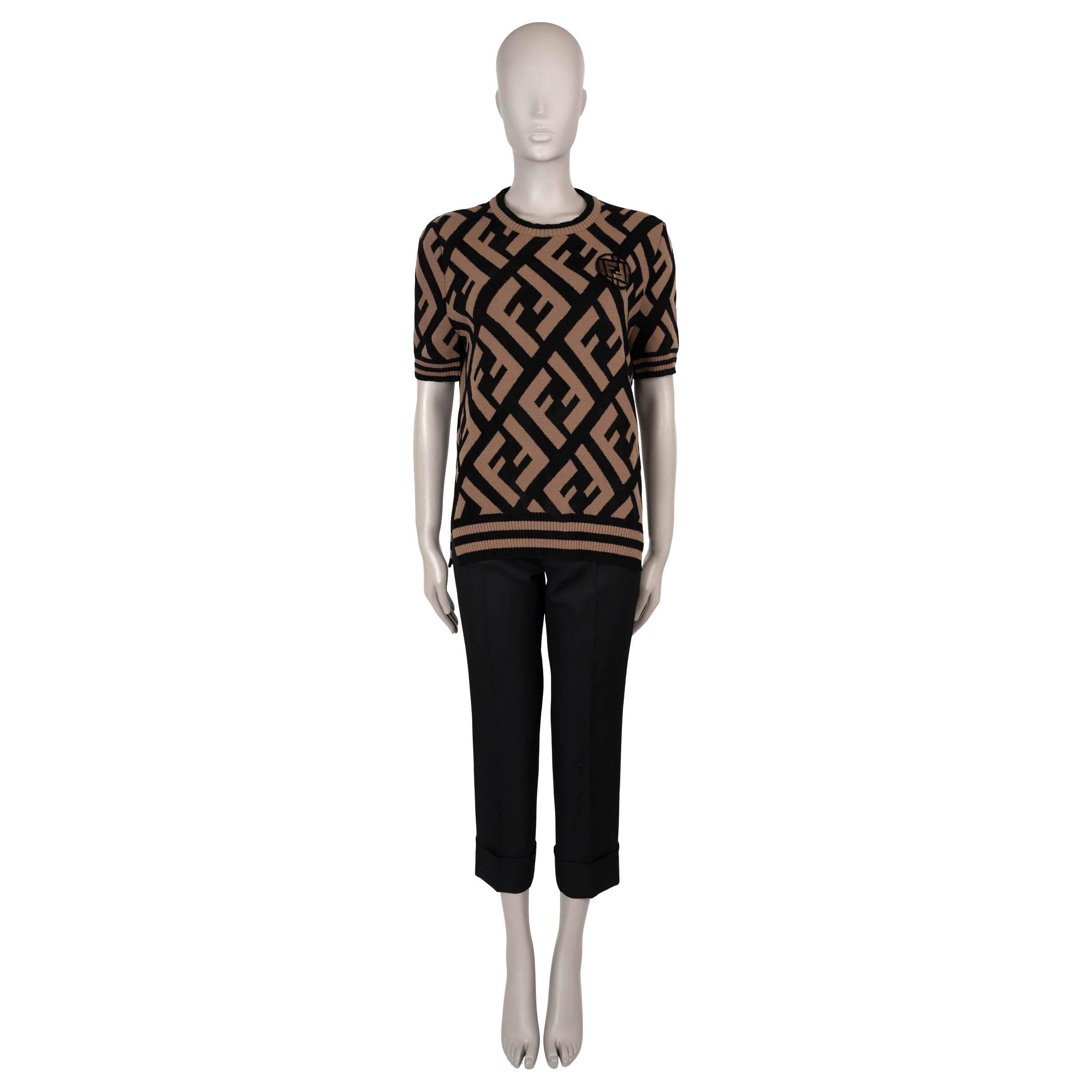 FENDI camel & black wool ZUCCA JACQUARD KNIT Shirt 46 XL In Excellent Condition In Zürich, CH