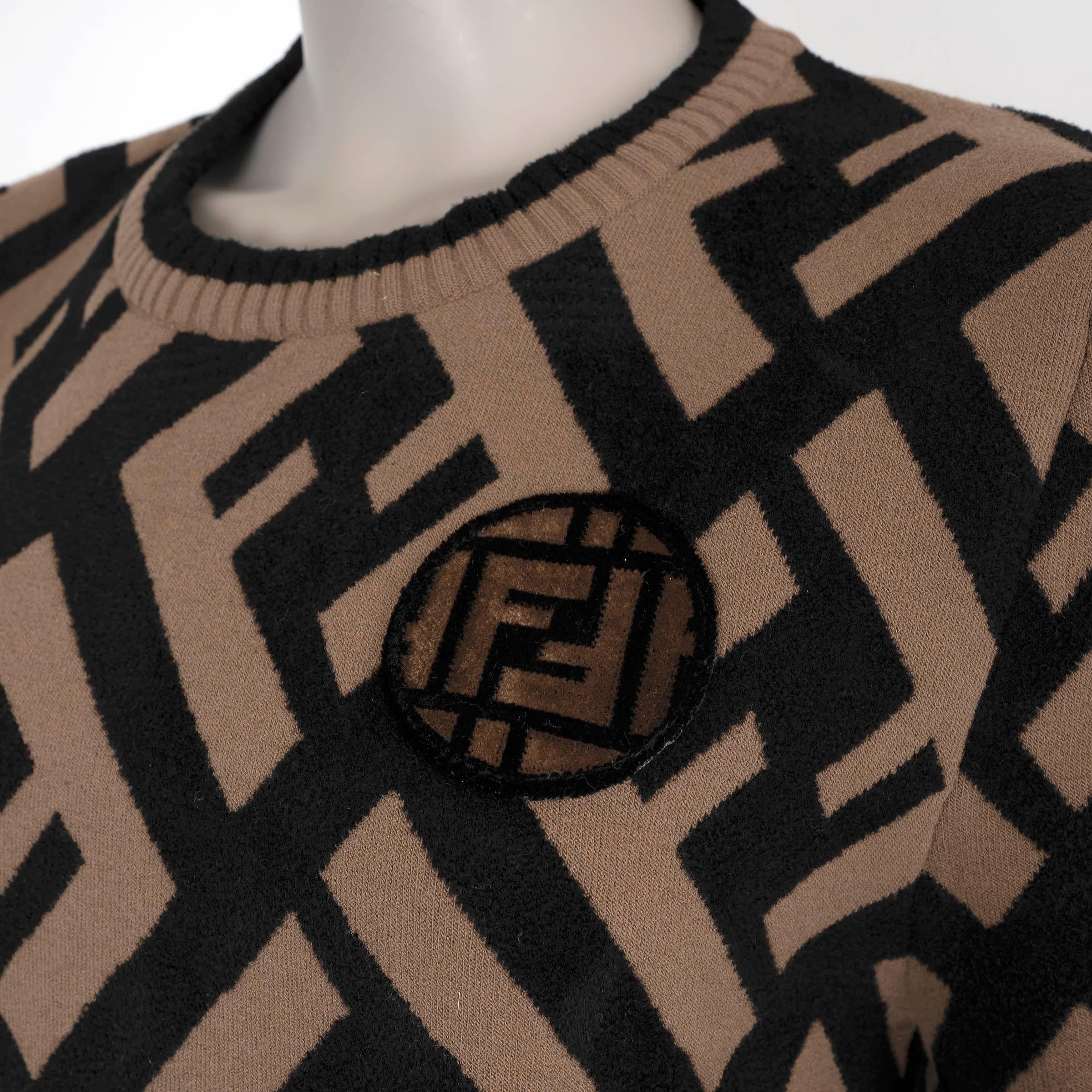 Women's FENDI camel & black wool ZUCCA JACQUARD KNIT Shirt 46 XL