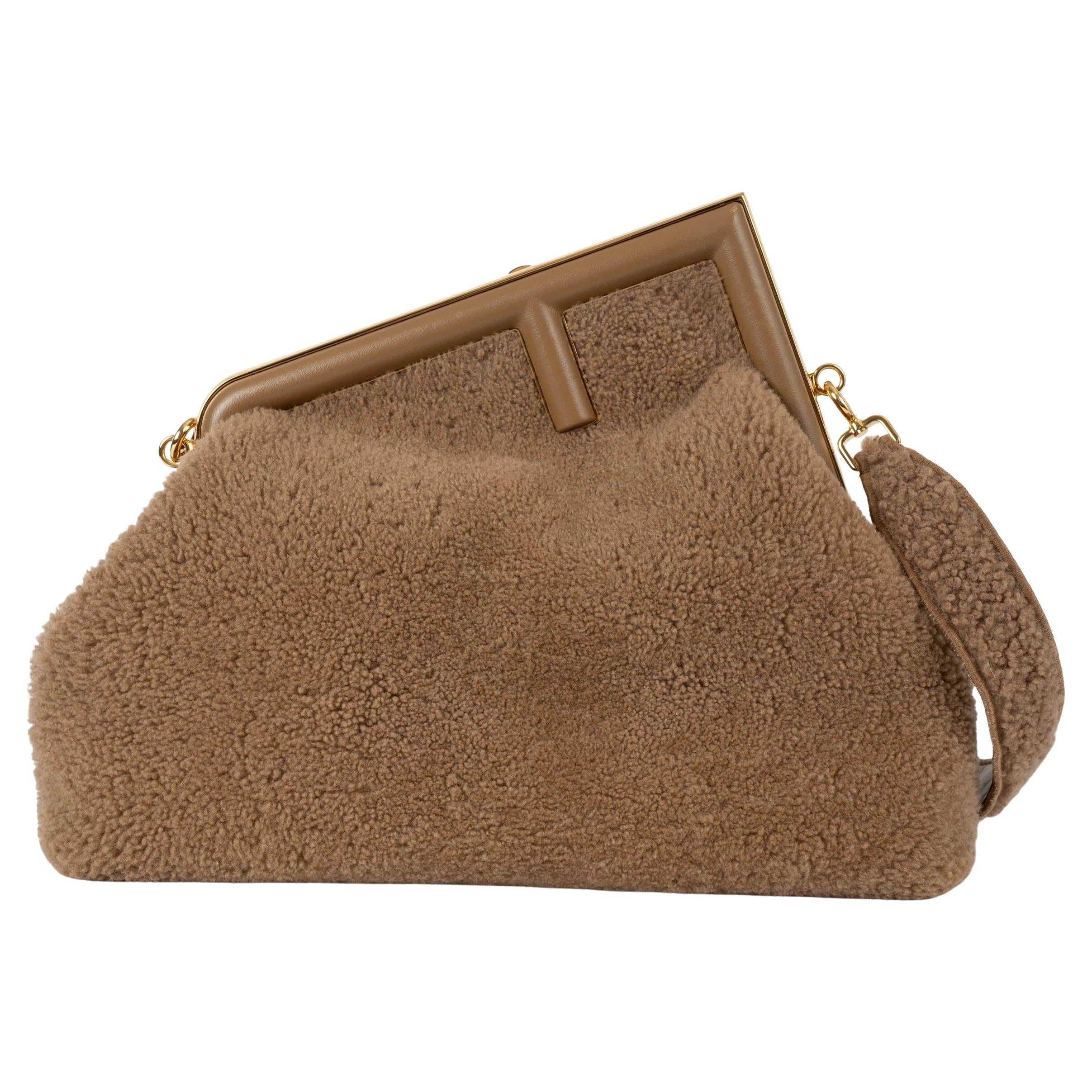 FENDI camel brown 2021 FRIST MEDIUM SHEARLING Shoulder Bag