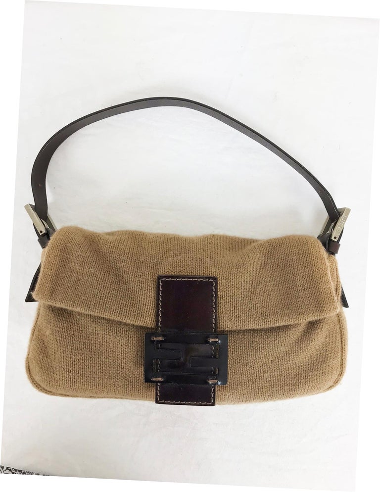 Fendi Camel Cashmere Knit Leather Baguette Handbag 1997 at 1stDibs