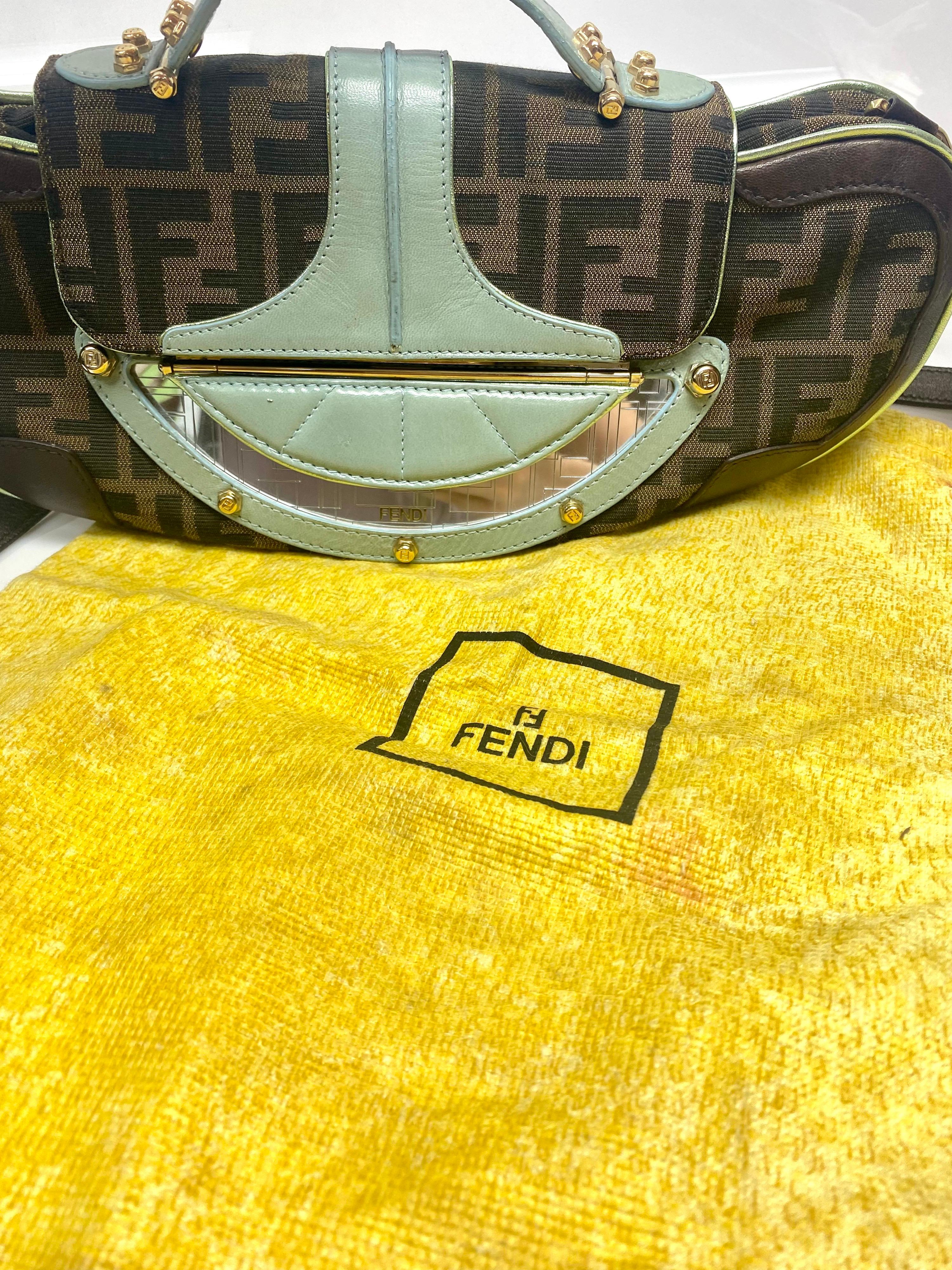 Fendi Canvas and Aqua leather Vanity Mirror Clutch Handbag For Sale 5