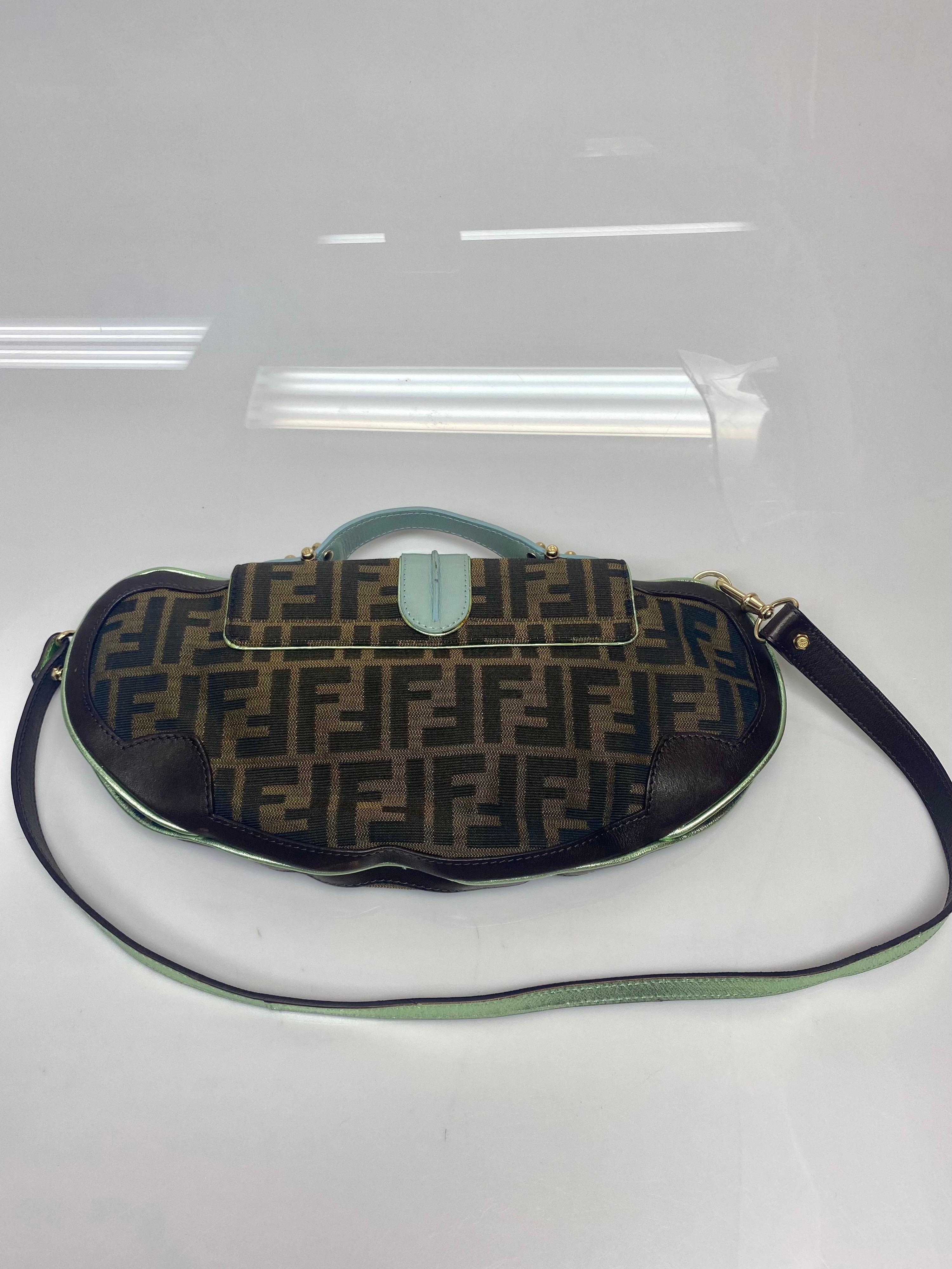 Fendi Canvas and Aqua leather Vanity Mirror Clutch Handbag In Good Condition For Sale In West Palm Beach, FL