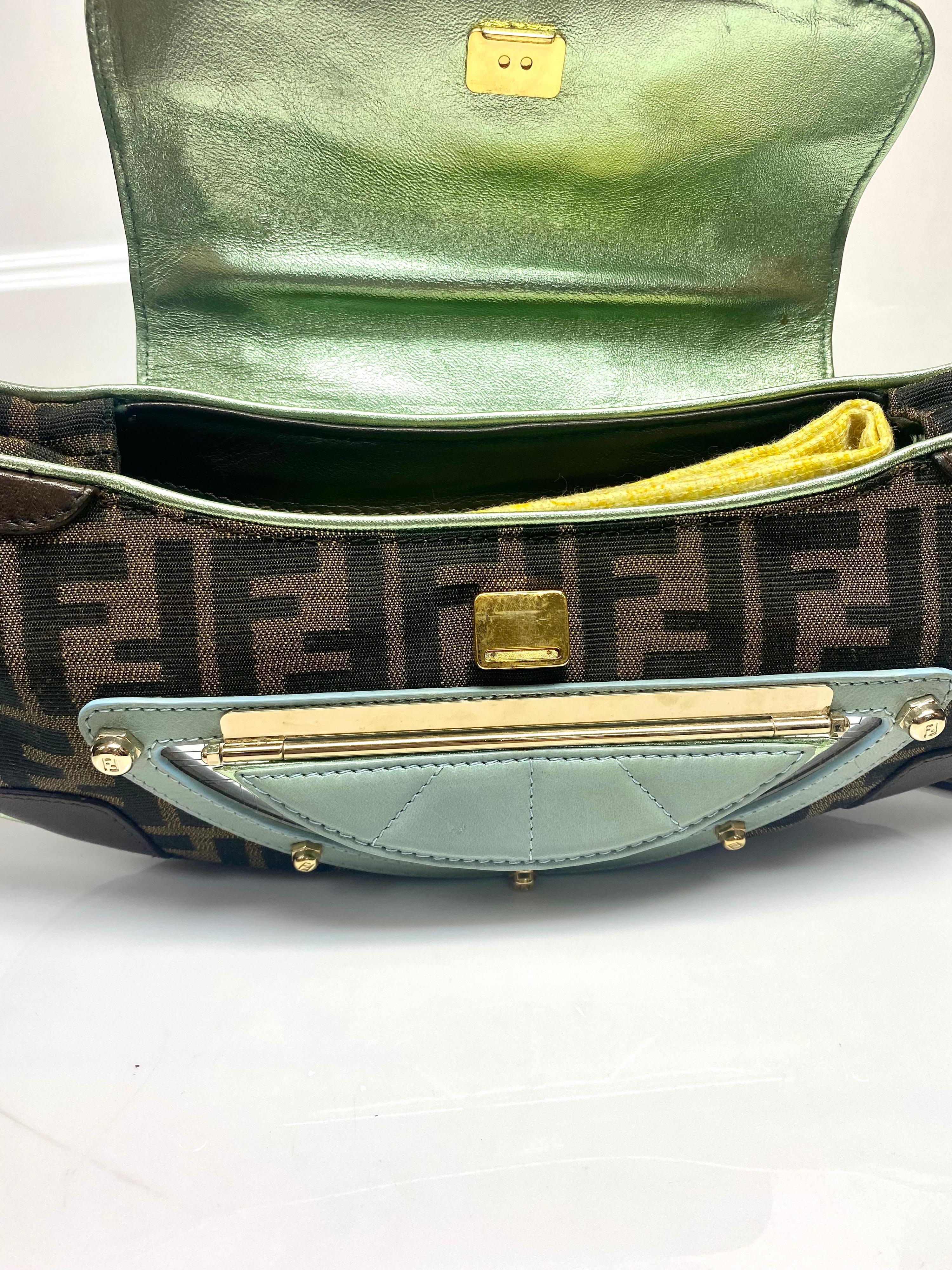 Fendi Canvas and Aqua leather Vanity Mirror Clutch Handbag For Sale 1