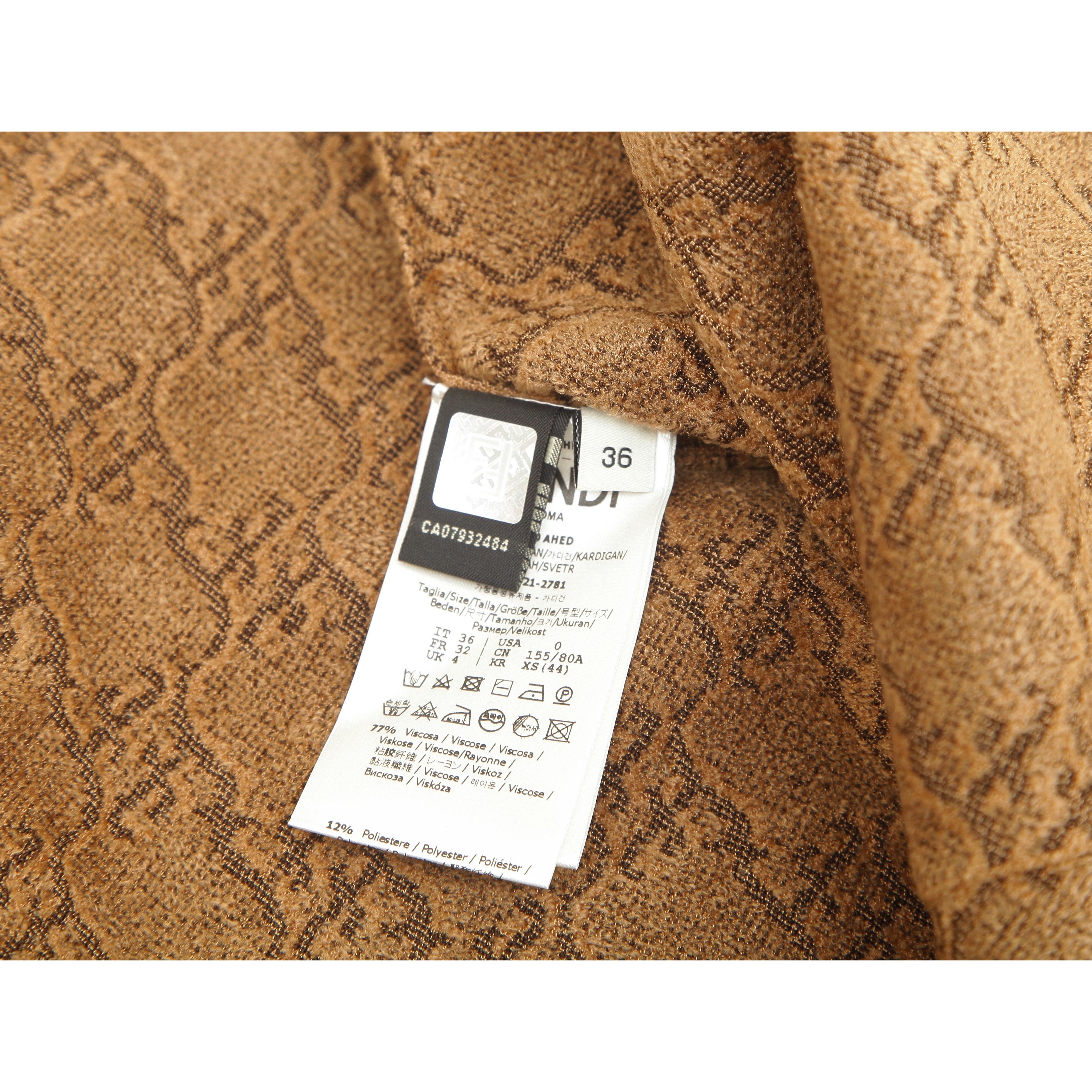 Women's FENDI Sweater Cardigan Knit Long Sleeve KARLIGRAPHY Brown Pockets Sz 36 NWOT For Sale