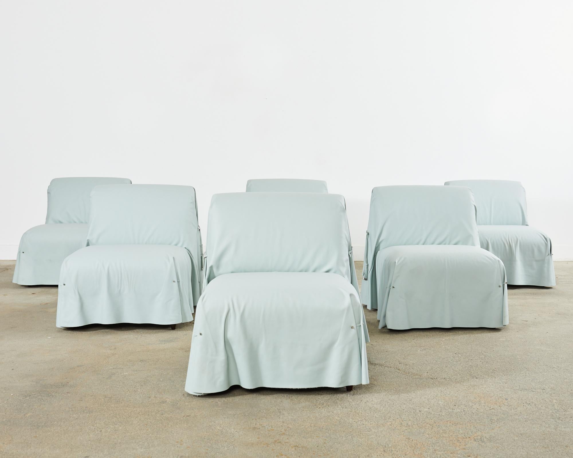 Neoclassical Set of Six Fendi Casa Blue Leather Tunica Lounge Chairs  For Sale