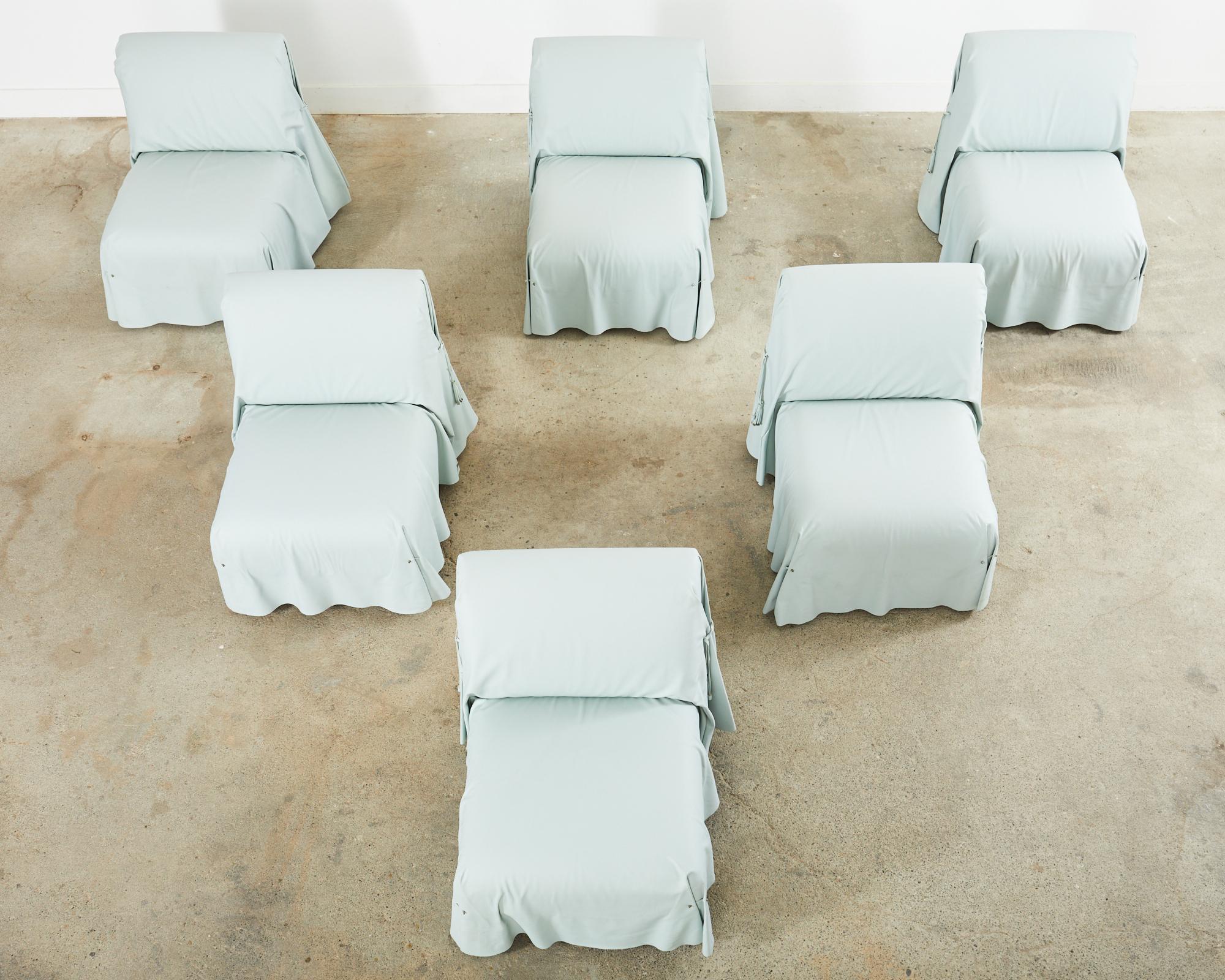 Italian Set of Six Fendi Casa Blue Leather Tunica Lounge Chairs  For Sale